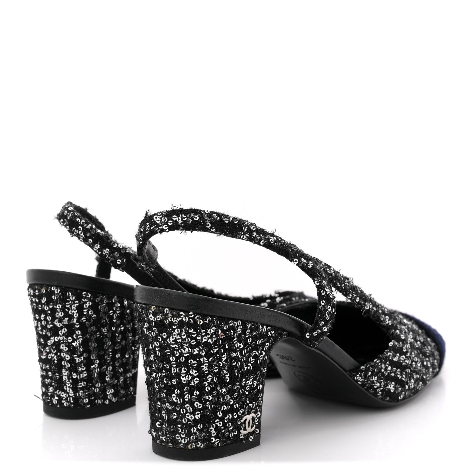 Tweed Sequin Cap Toe CC Slingback Pumps 38 Black White Silver