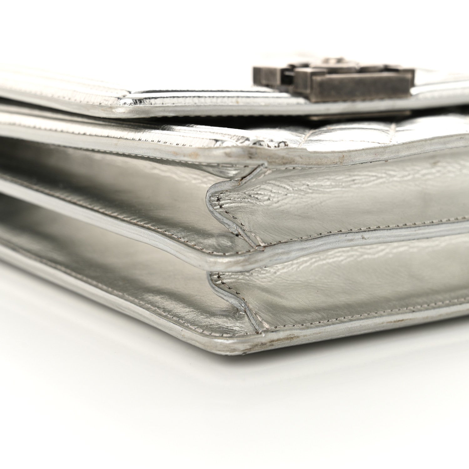 Metallic Goatskin Quilted North South Boy Flap Silver