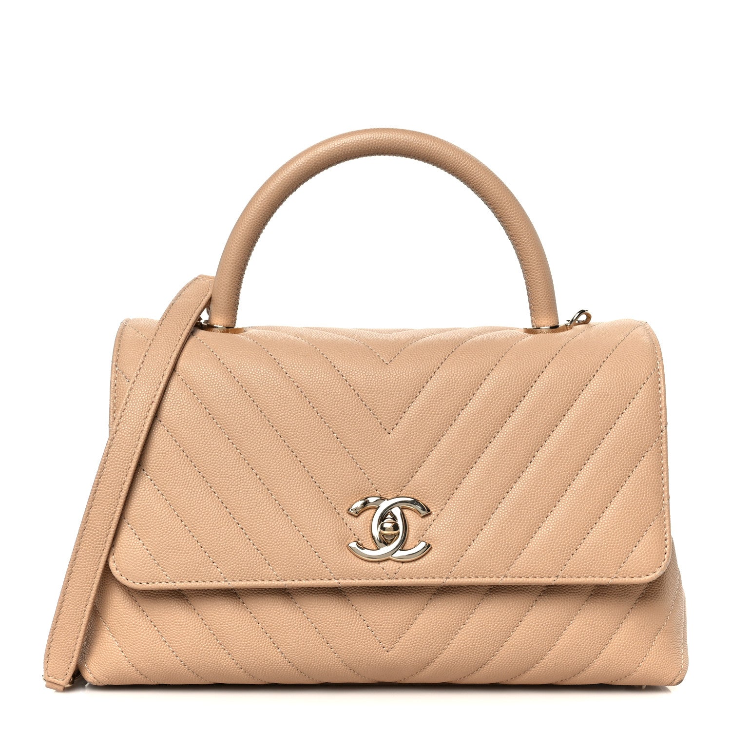 Caviar Chevron Quilted Small Coco Handle Flap Beige