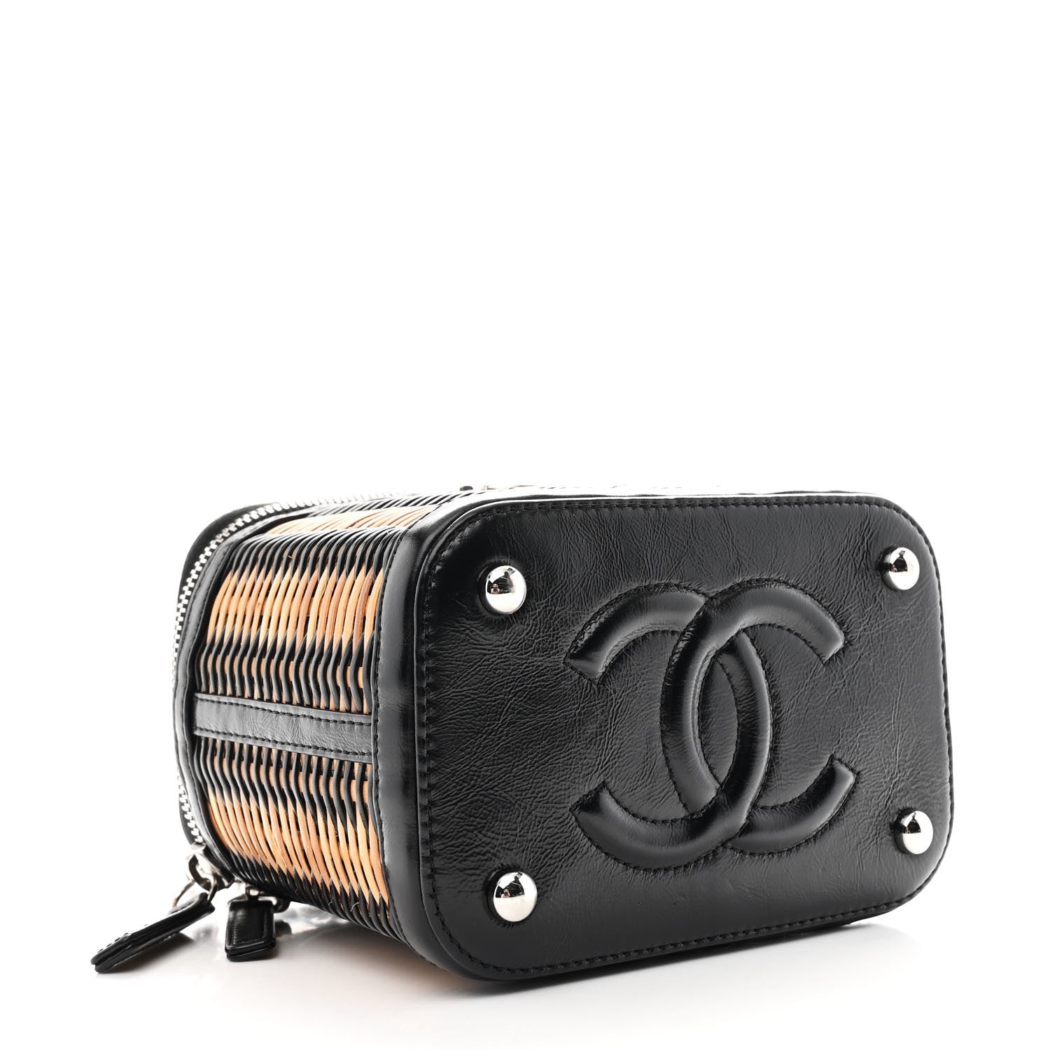Calfskin Raffia Small Vanity Case Bag Black Beige