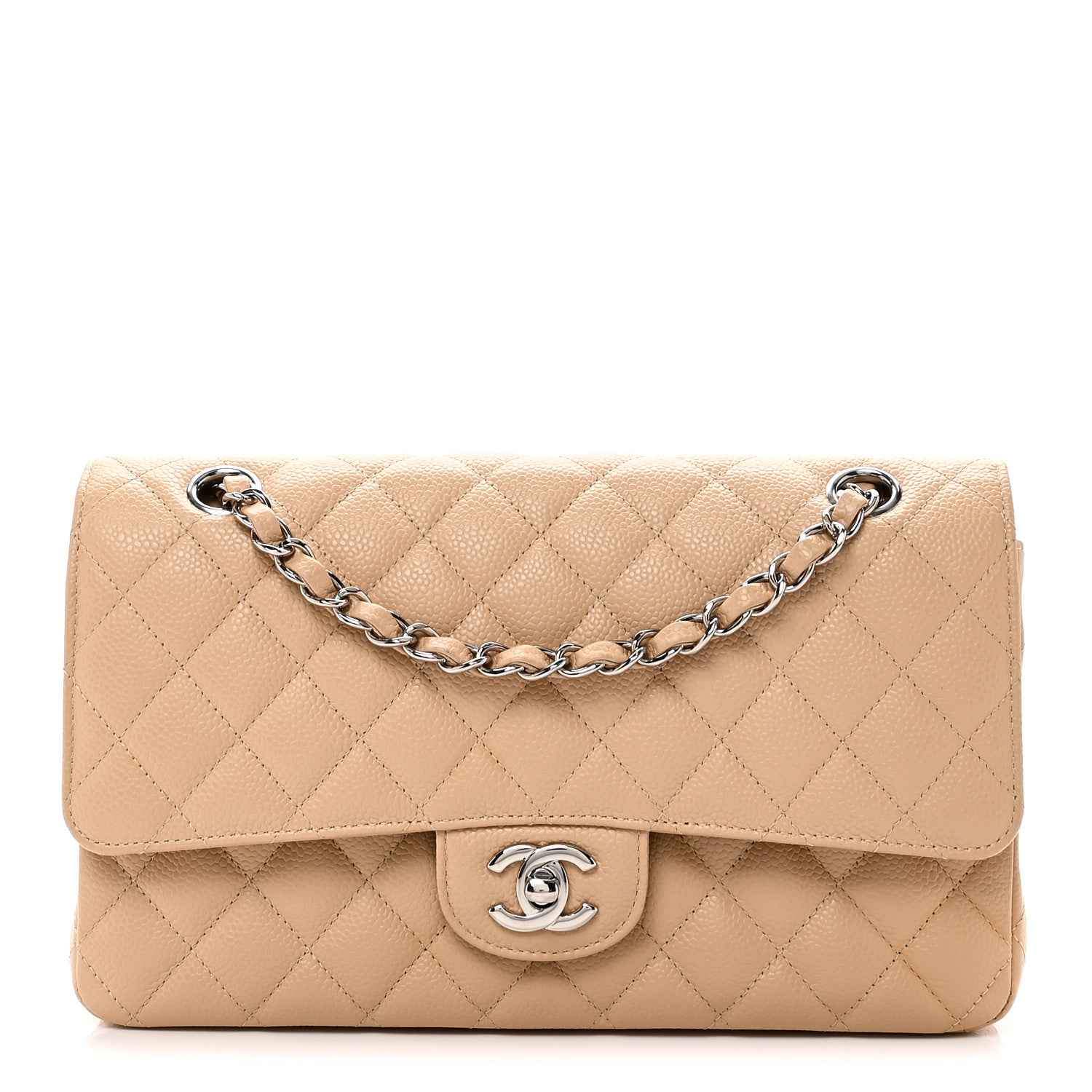 Caviar Quilted Medium Double Flap Beige