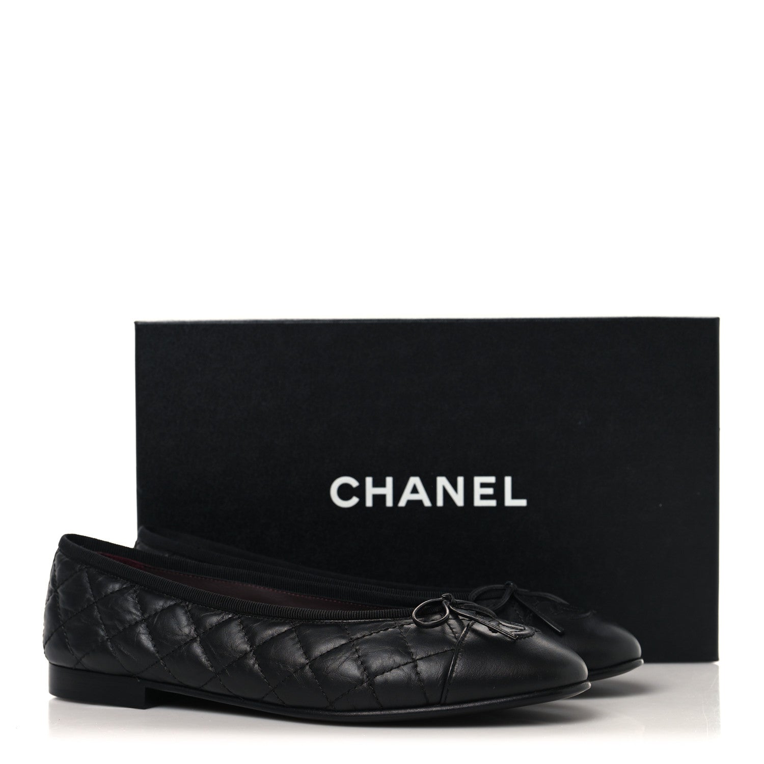 Aged Calfskin Quilted CC Cap Toe Ballerina Flats 38.5 Black