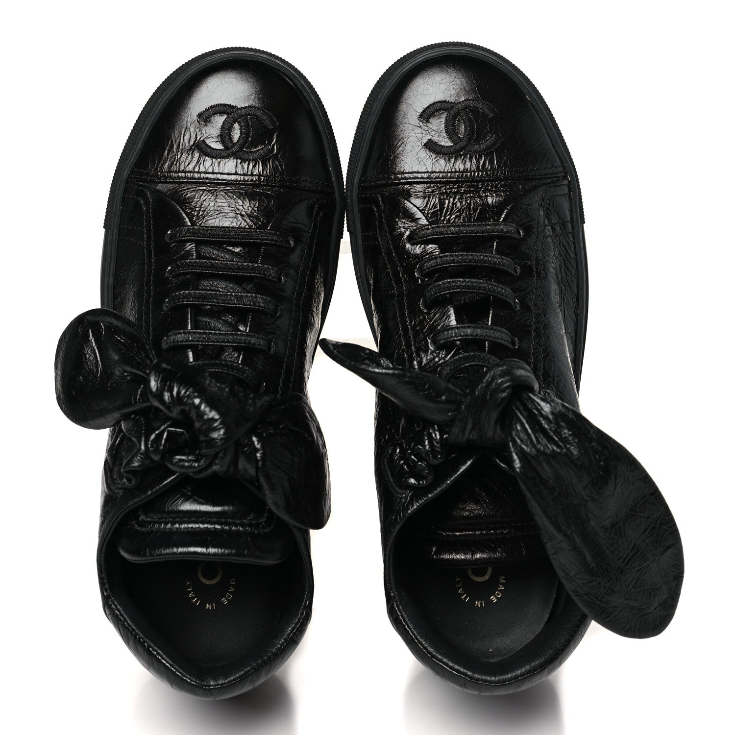 Crumpled Calfskin Womens CC Bow Sneakers 35.5 Black