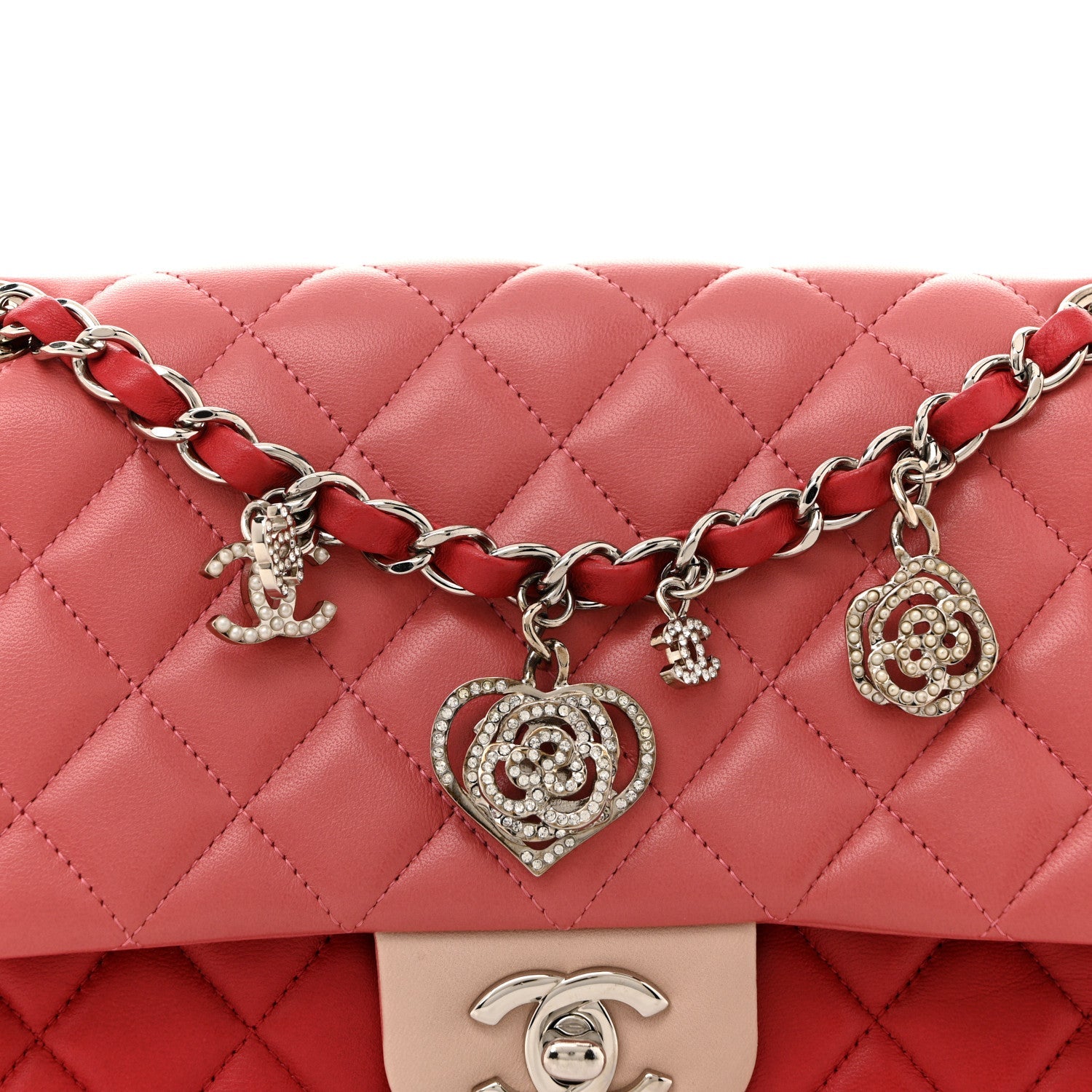 Lambskin Quilted Tri-Color Medium Valentine Charms Single Flap Pink