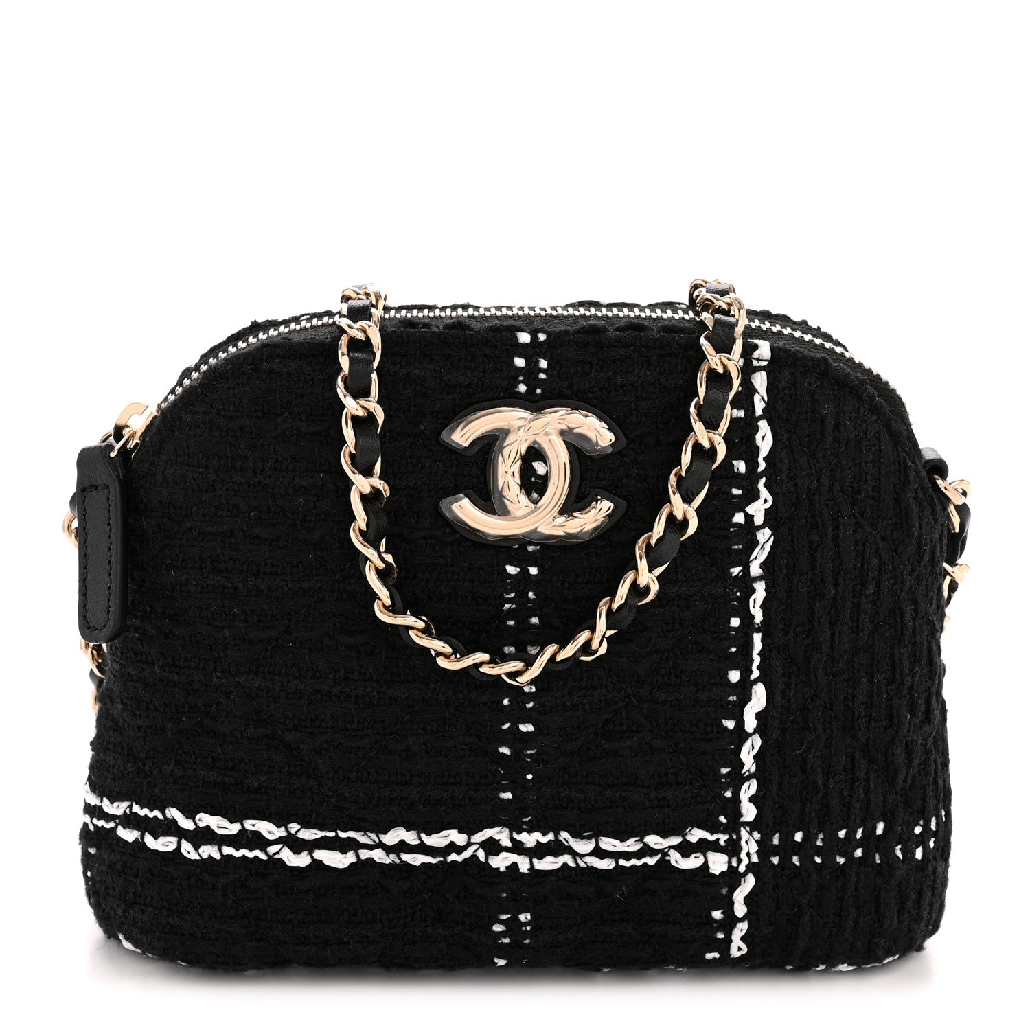 Tweed Quilted Mini Clutch With Chain Black White