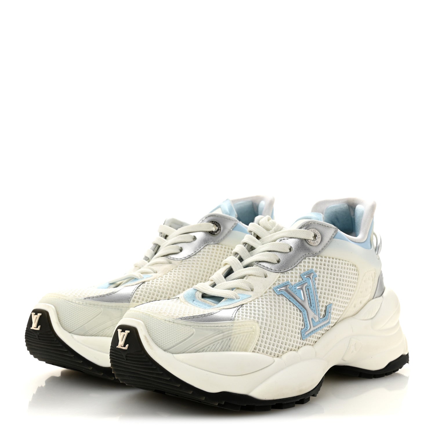Patent Calfskin Technical Mesh Monogram Run 55 Sneakers 37 Bleu Clair