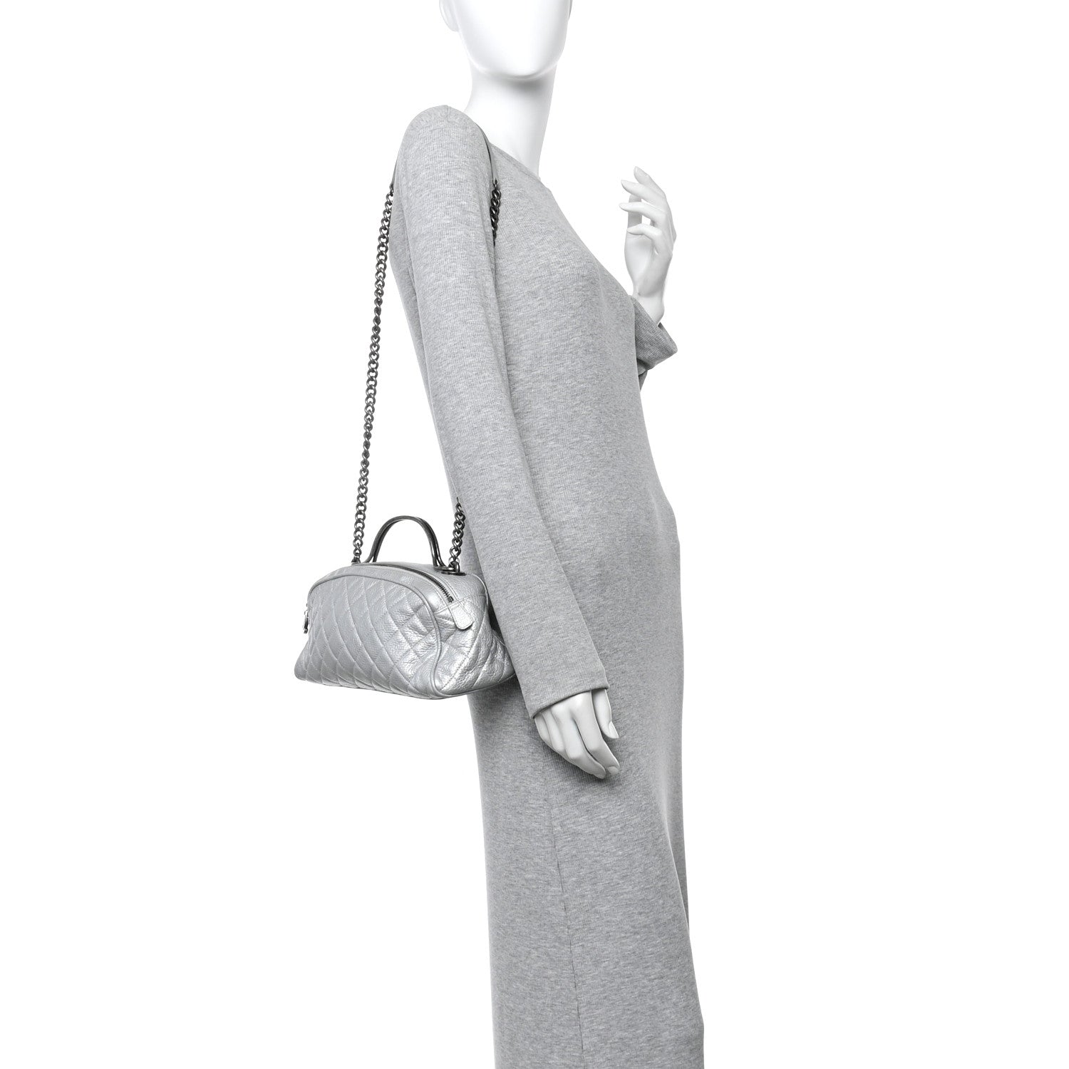 Metallic Calfskin Quilted Mini Bowling Bag Silver