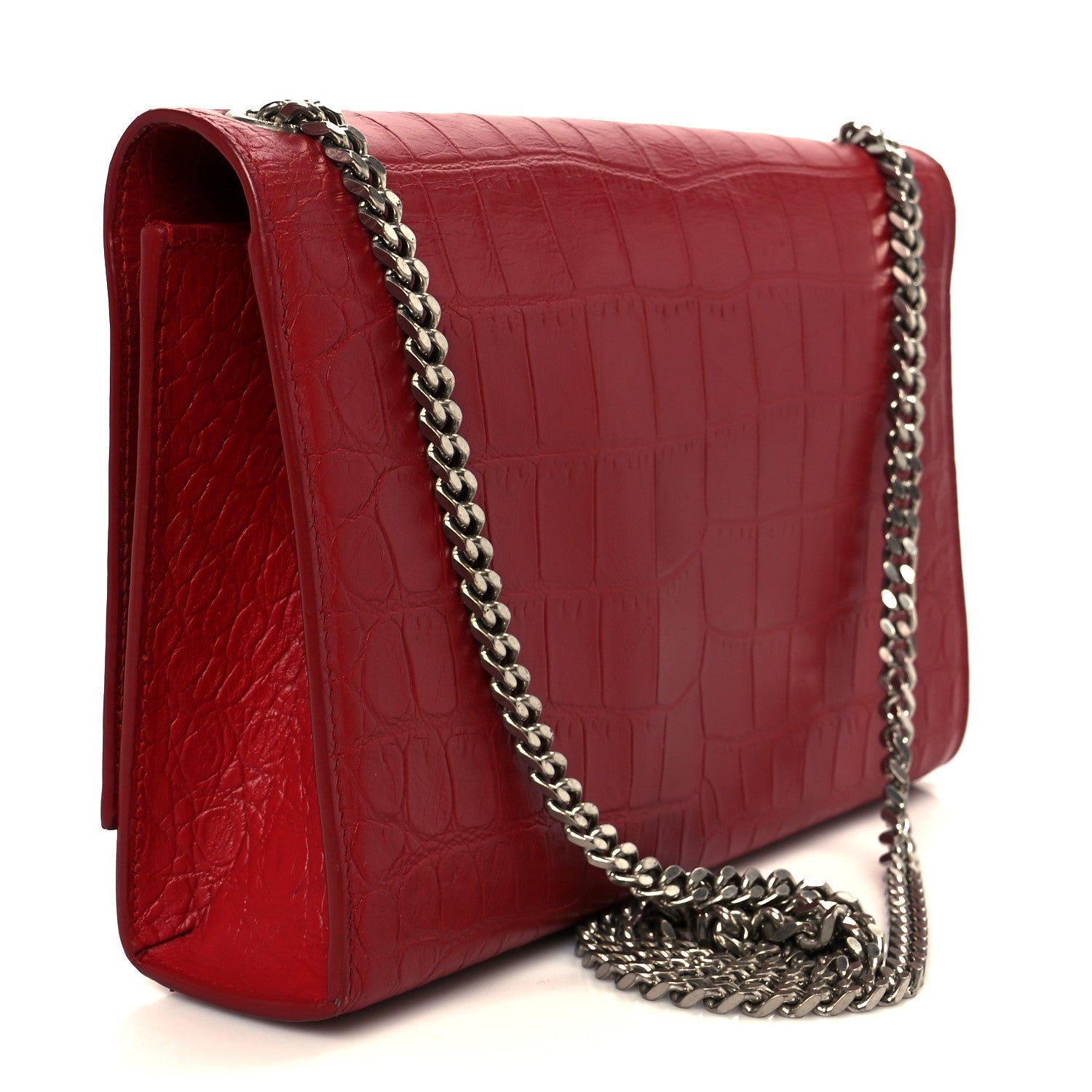 Calfskin Crocodile Embossed Medium Classic Monogram Kate Tassel Satchel New Red