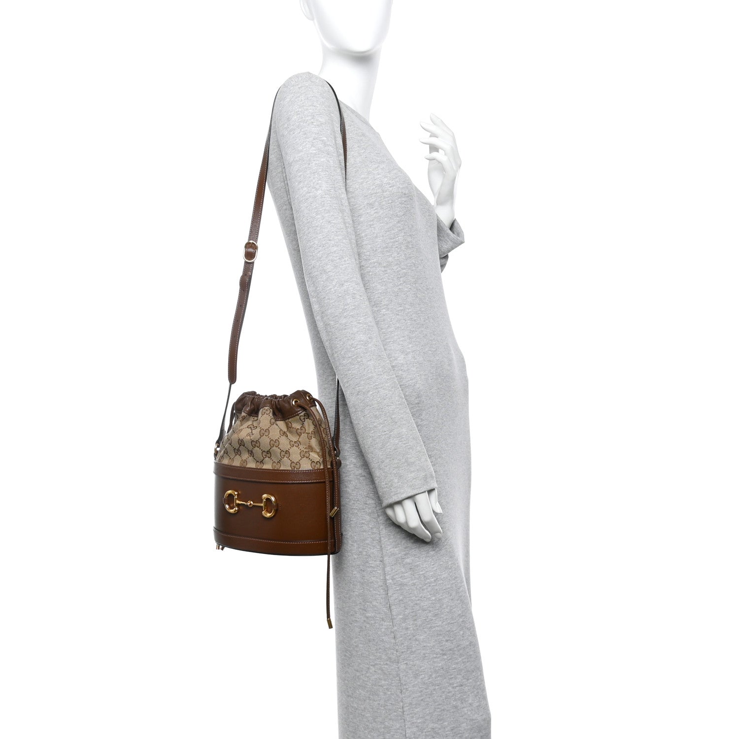 Monogram Textured Calfskin Horsebit 1955 Drawstring Bucket Bag Beige Brown Sugar