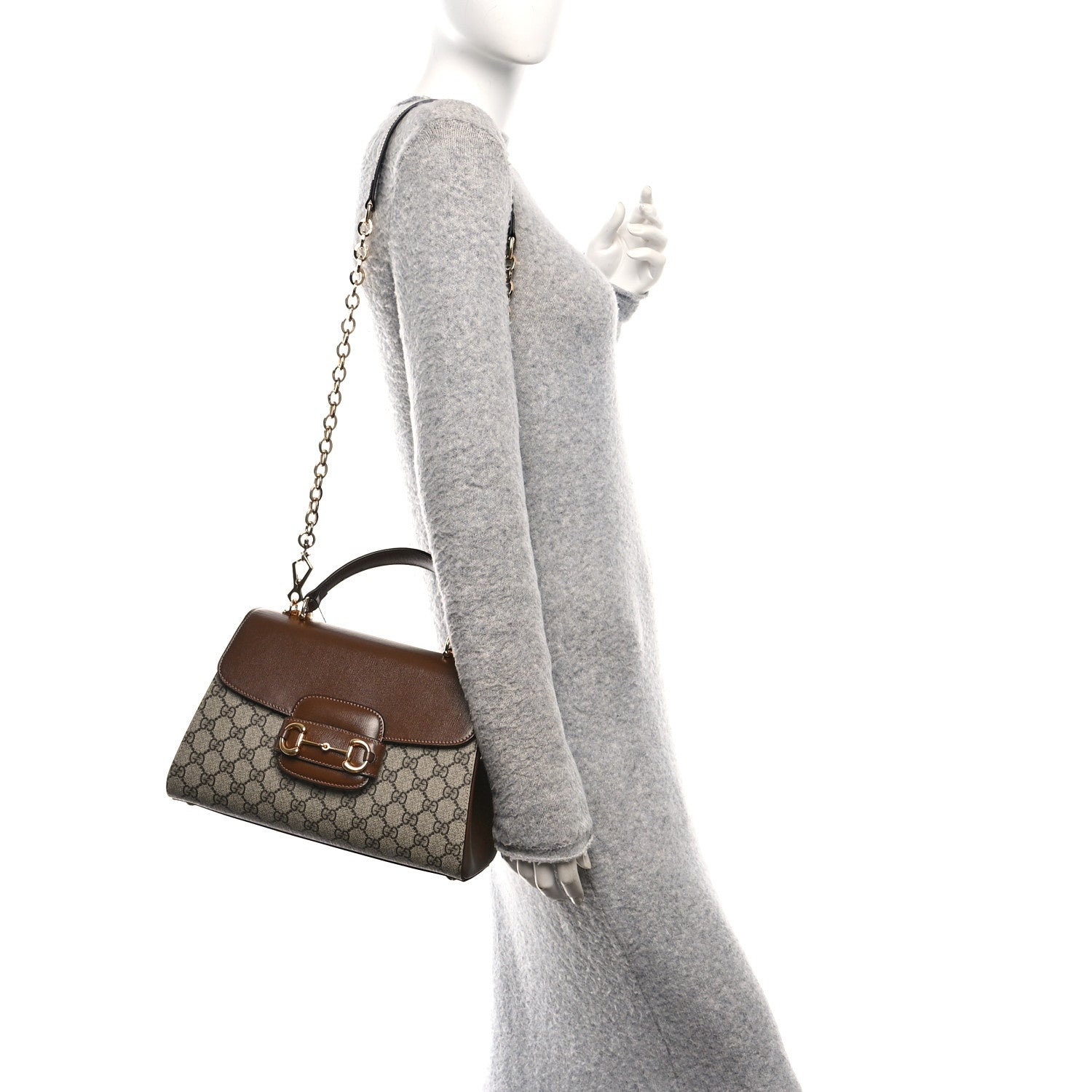 GG Supreme Monogram Calfskin Medium Horsebit 1955 Top Handle Bag Beige Ebony Brown Sugar
