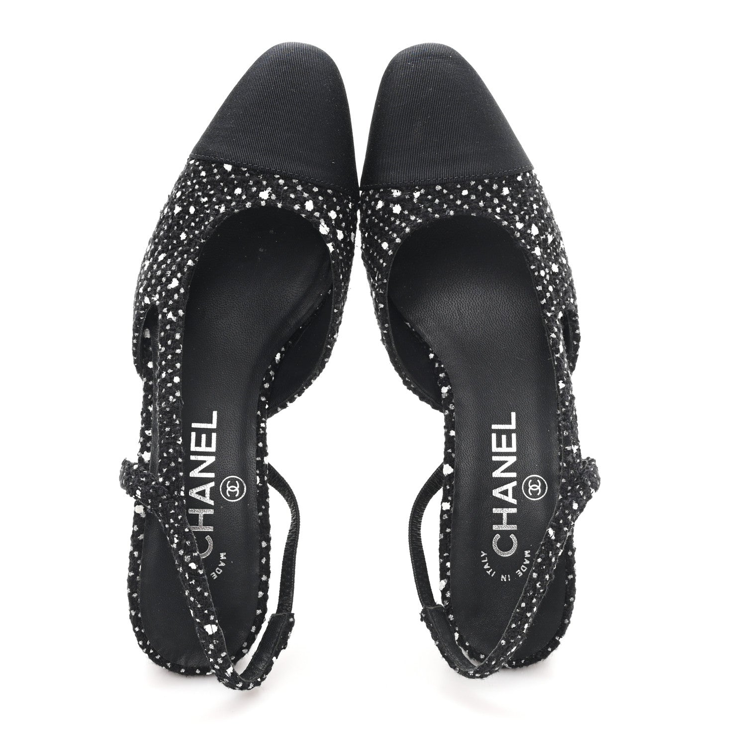 Tweed Polkadot Grosgrain Cap Toe CC Slingback Pumps 36 Black White Silver