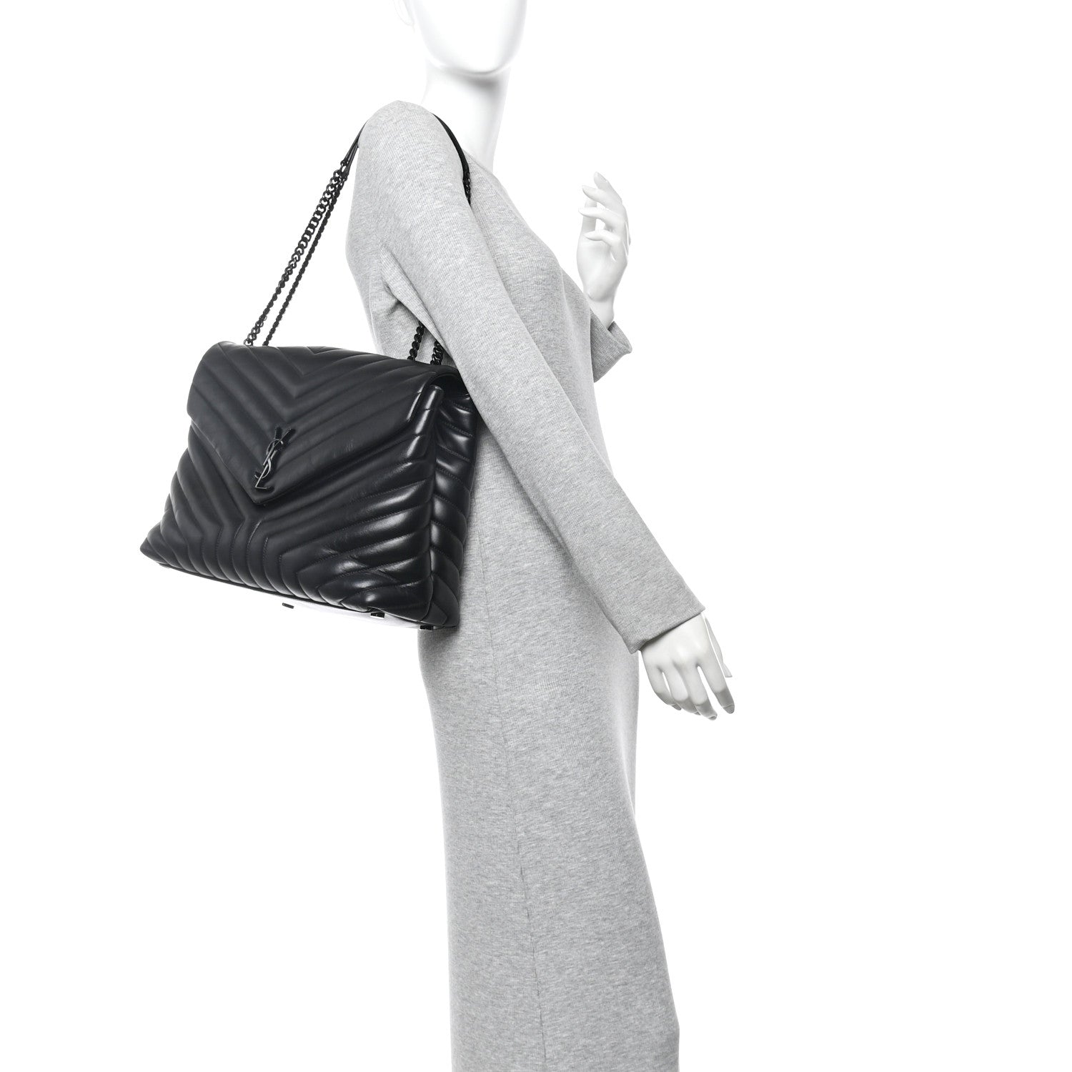 Calfskin Y Quilted Monogram Monochrome Large Loulou Chain Satchel Black