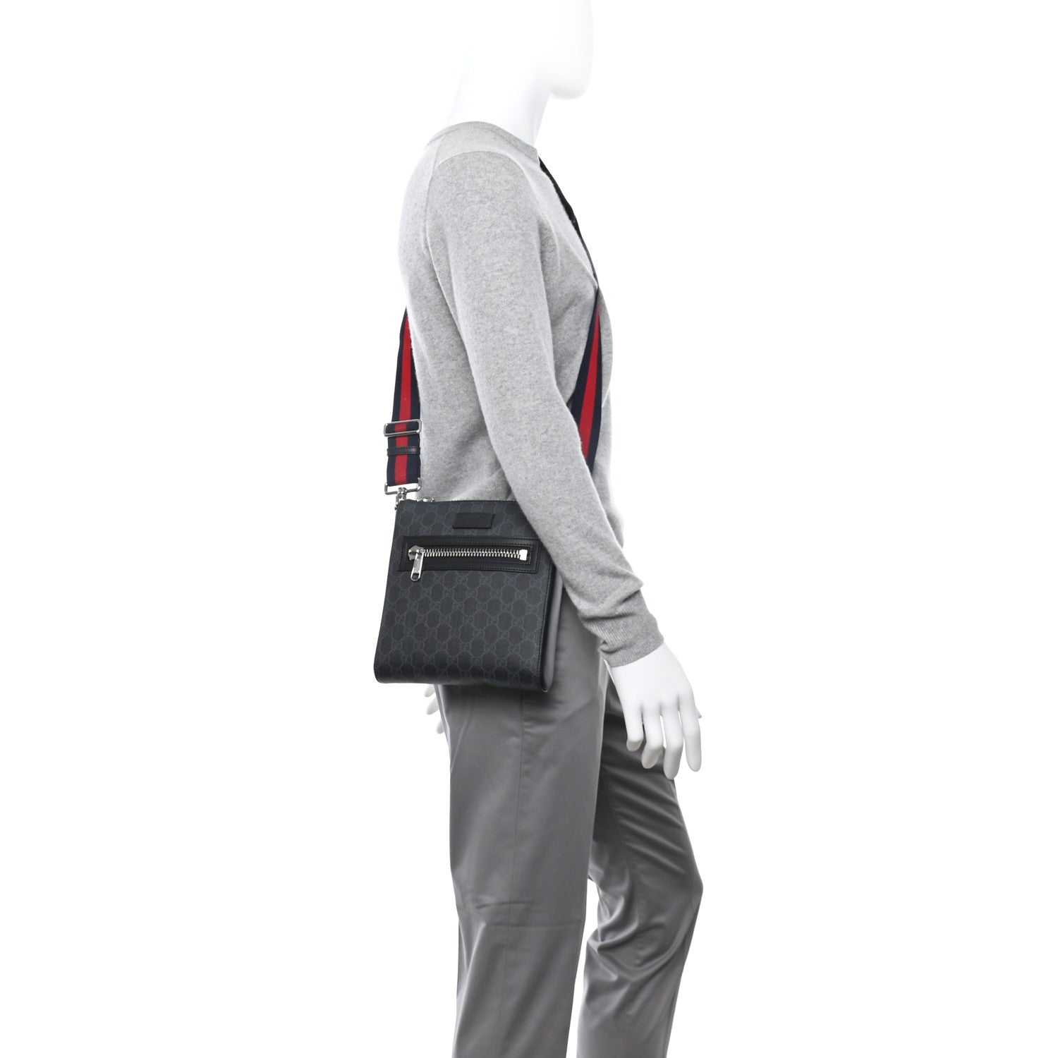 GG Supreme Monogram Web Small Flat Messenger Bag Black Grey