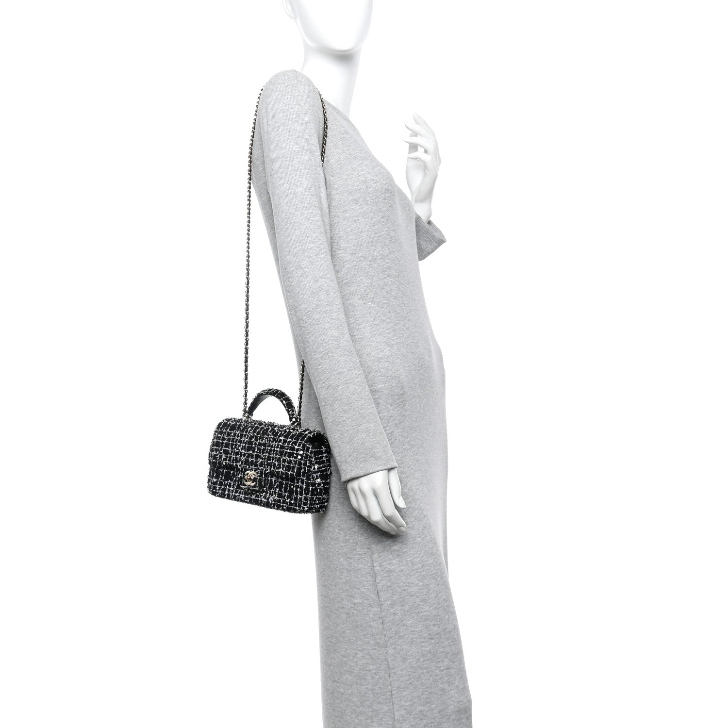 Tweed Quilted Mini Top Handle Rectangular Flap Black White