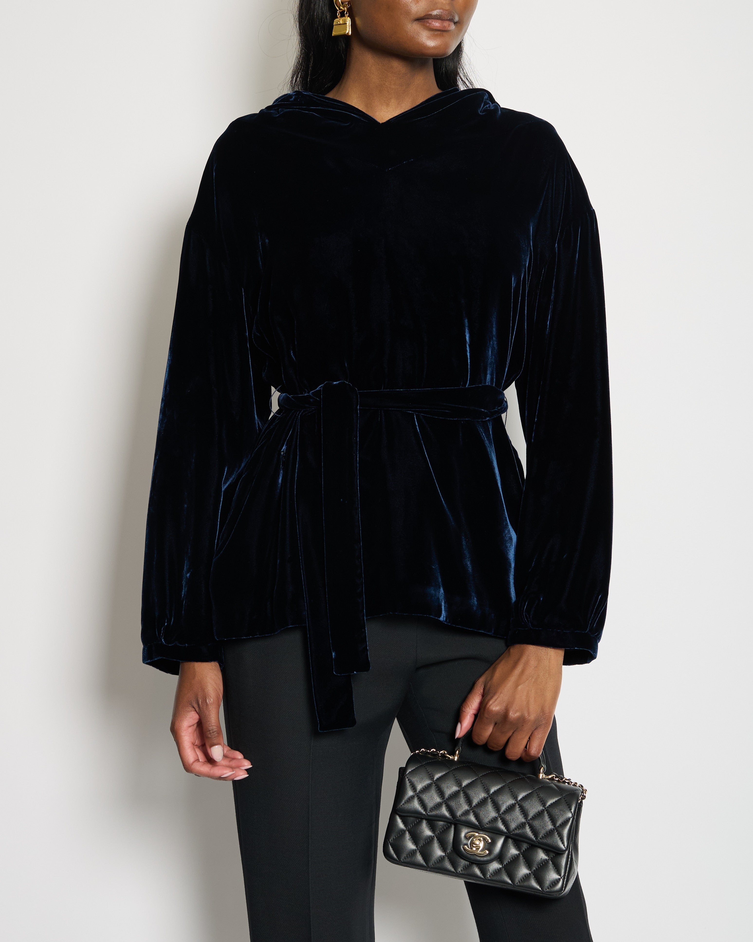 Christian Dior Navy Velvet Hooded Oversized Jumper with Tie Waist Detail Size FR 36 (UK 8)