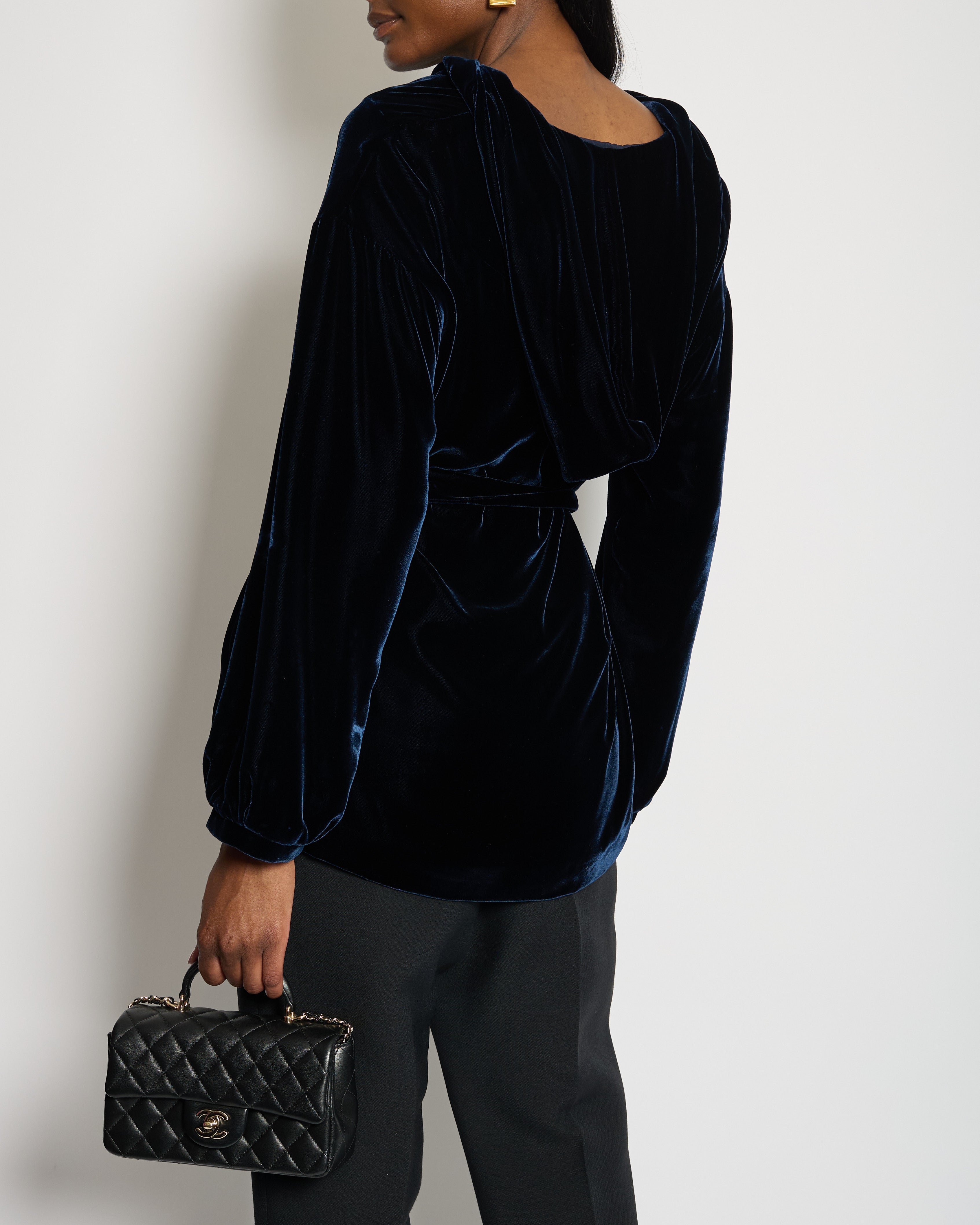 Christian Dior Navy Velvet Hooded Oversized Jumper with Tie Waist Detail Size FR 36 (UK 8)