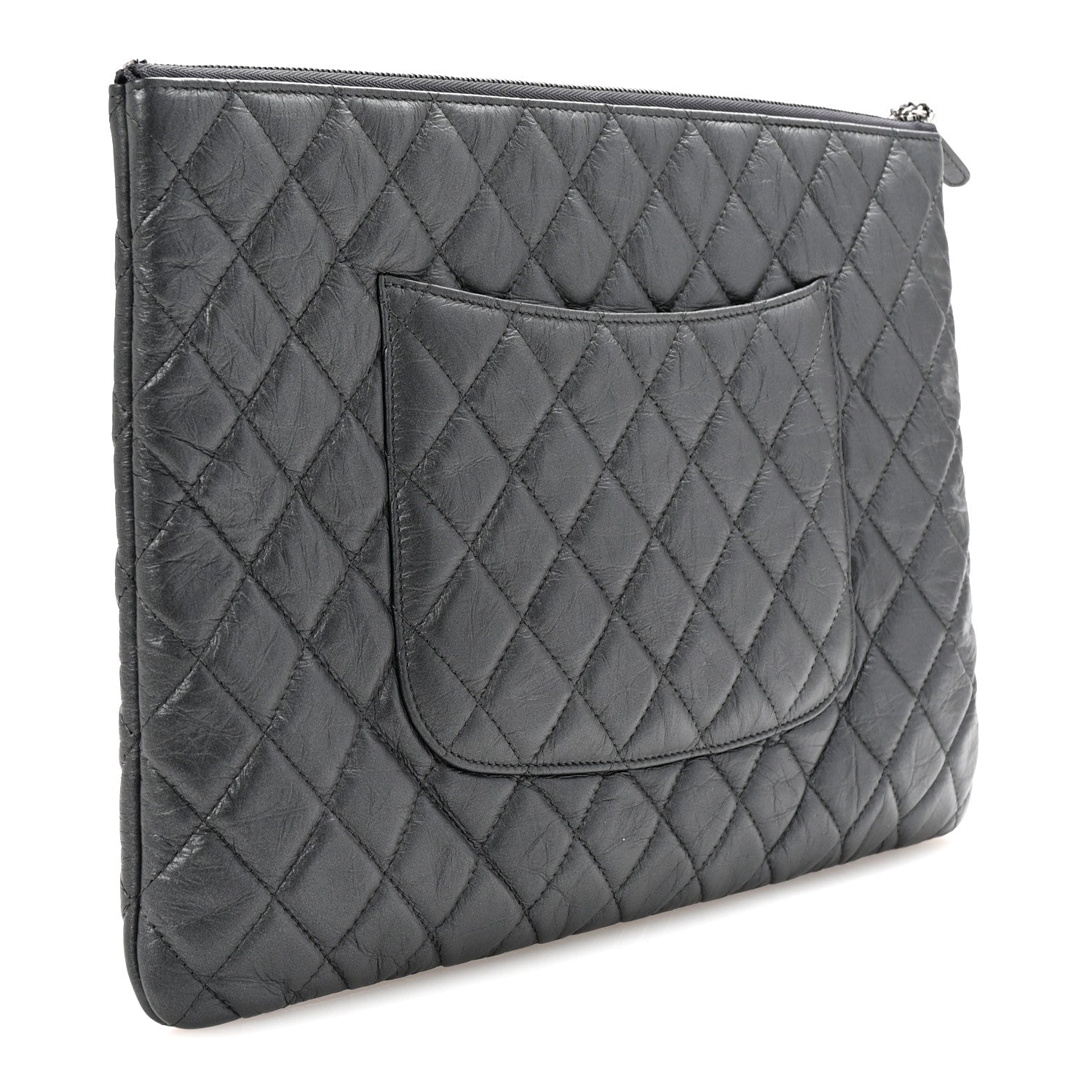 Aged Calfskin Quilted Large Tassel Cosmetic Case Dark Grey