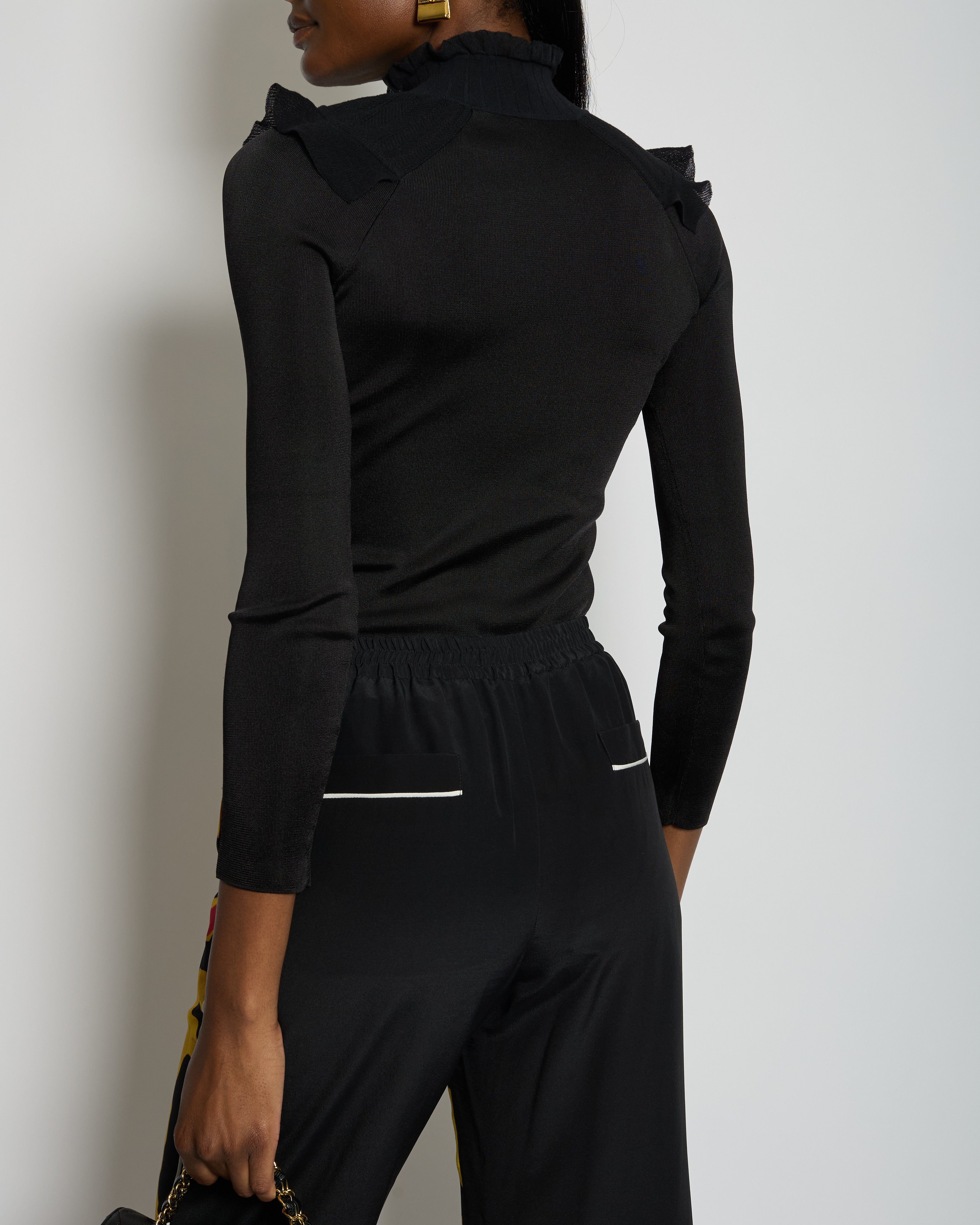 Hermès Black Ruffle Long Sleeve Top with Collar Detail Size FR 34 (UK 6)