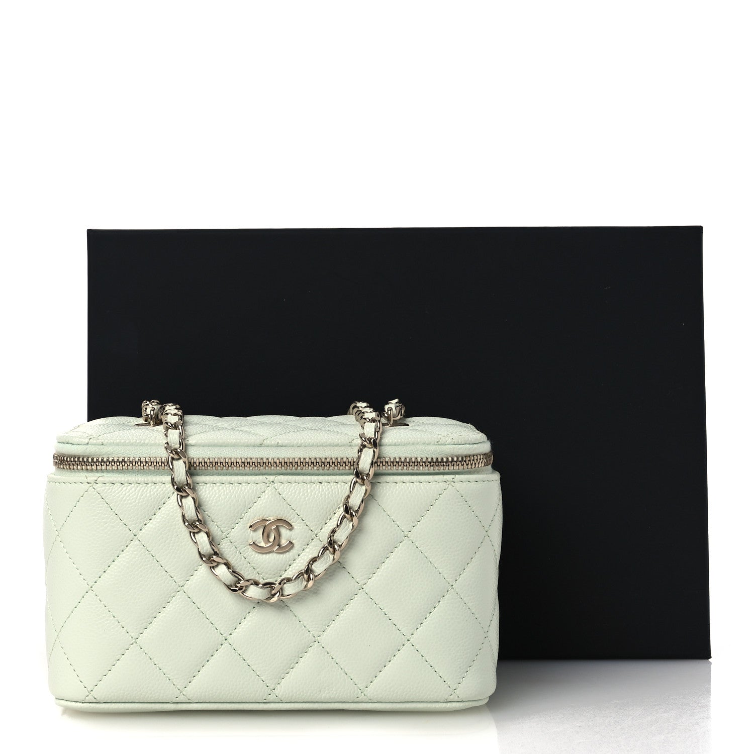 Caviar Quilted Small Tiny CC Vanity Case With Chain Light Green