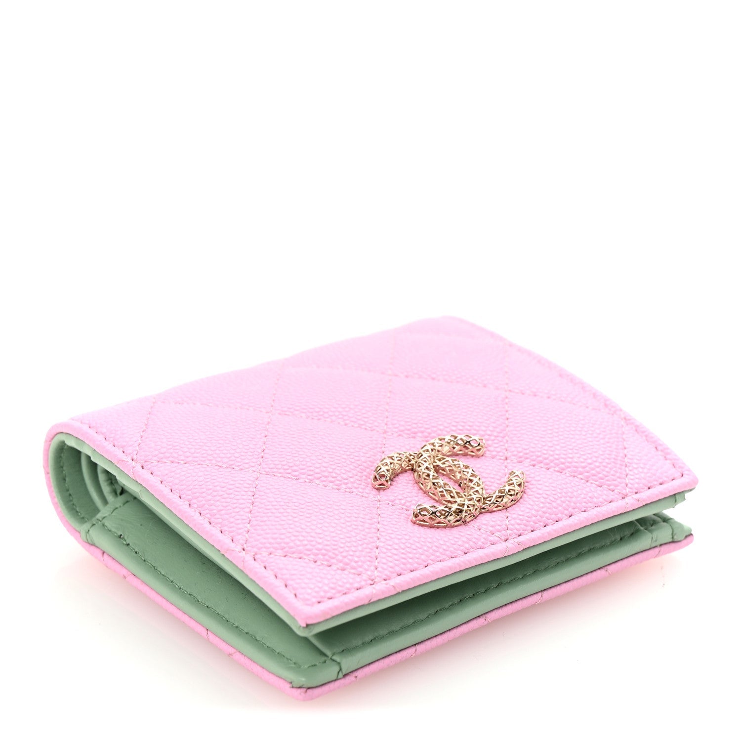Caviar Metal Perforated Quilted CC Compact Bi-Fold Flap Wallet Lilac Light Green
