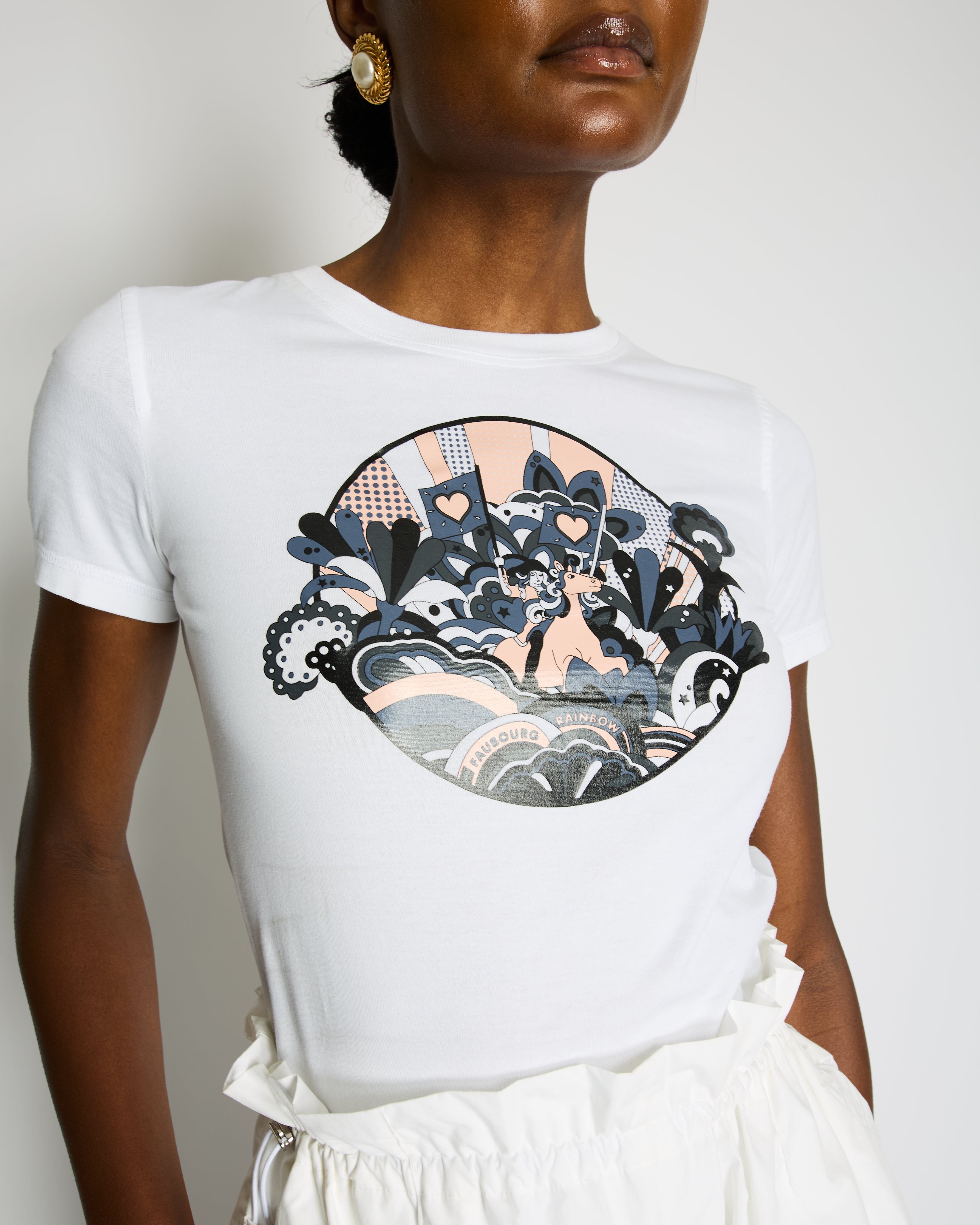 Hermès White, Pink and Blue Cotton T-shirt with Faubourg Rainbow Horse Print Size FR 36 (UK 8)