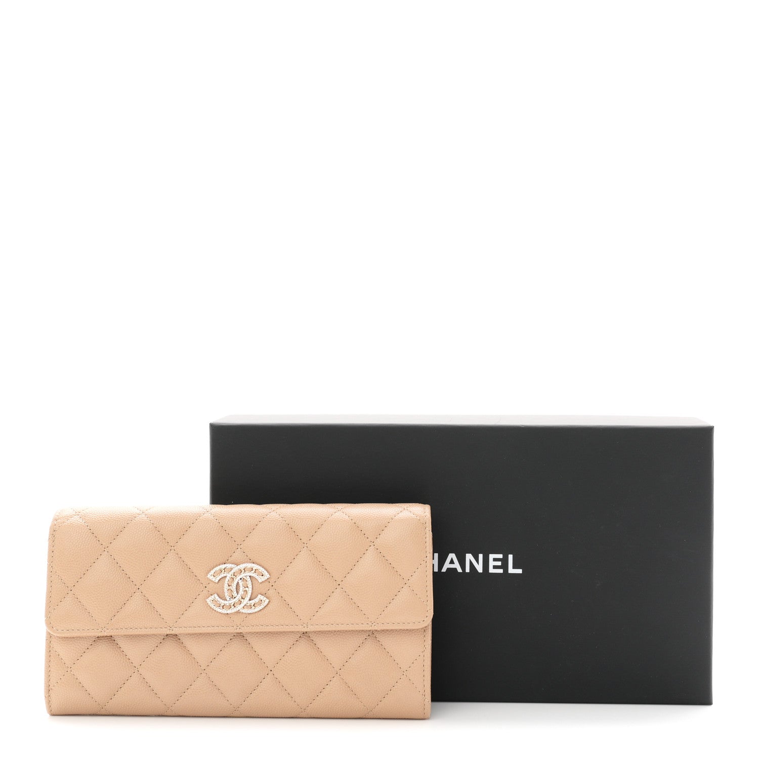 Caviar Quilted Crystal CC Large Gusset Flap Wallet Beige
