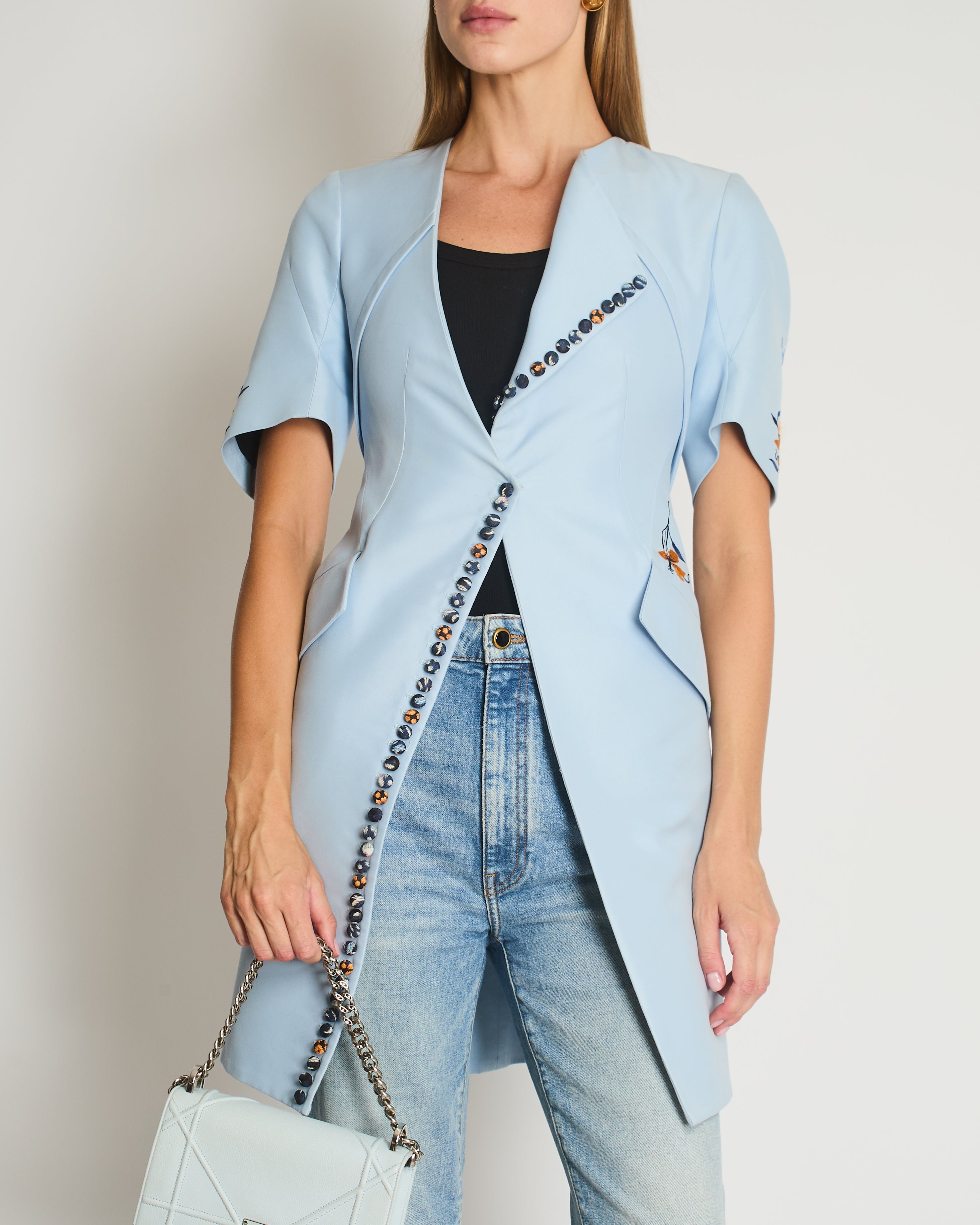Christian Dior Sky Blue Asymmetrical Long Jacket with Multicolour Buttons and Flower Embroidery Details Size FR 36 (UK 8)