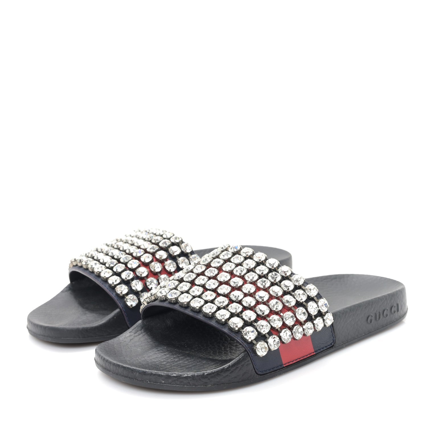 Calfskin Crystal Embellished Web Slide Sandals 36 Blue Red