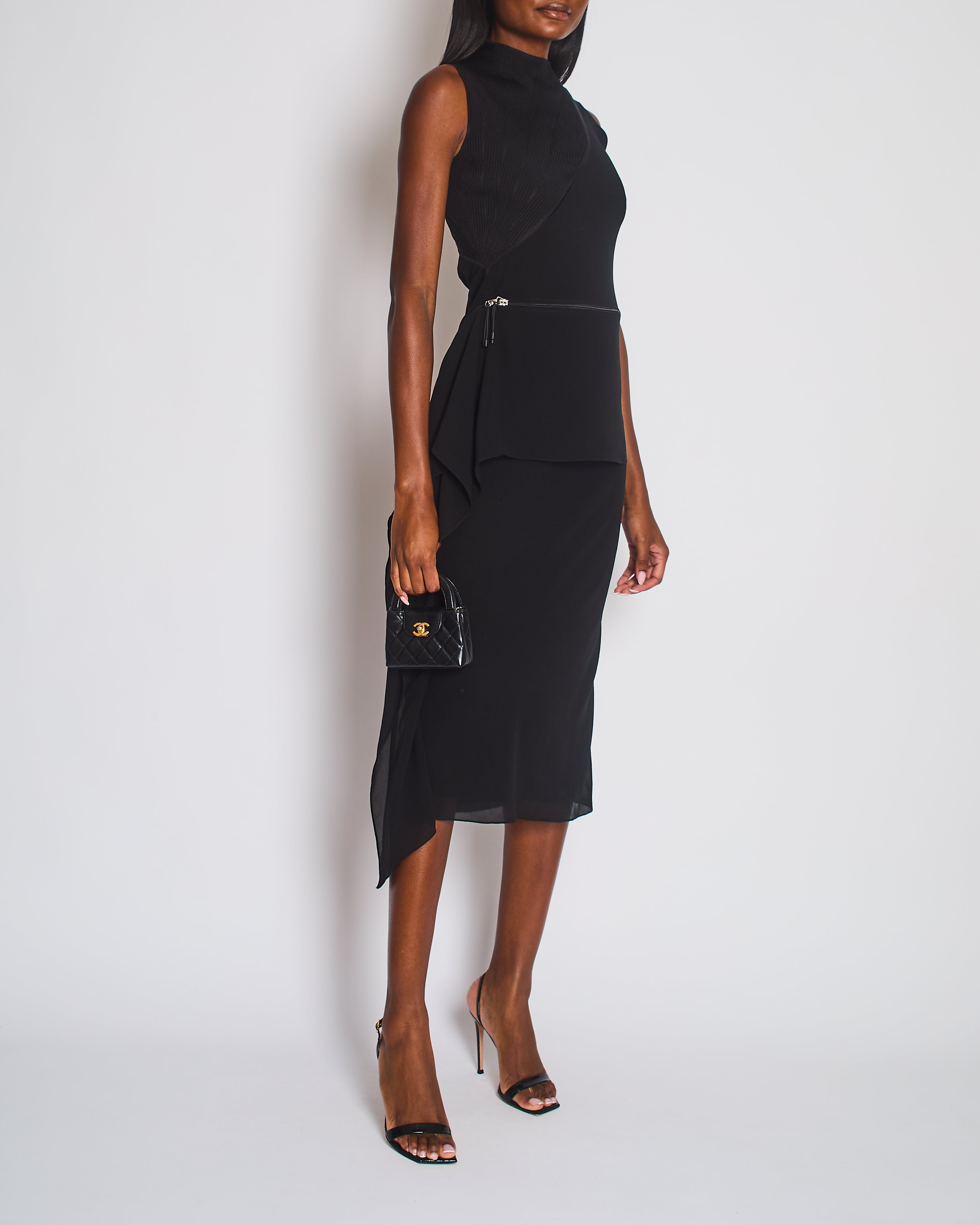 Hermès Black Knit & Silk Midi Dress with Zip Detail Size FR 36 (UK 8)