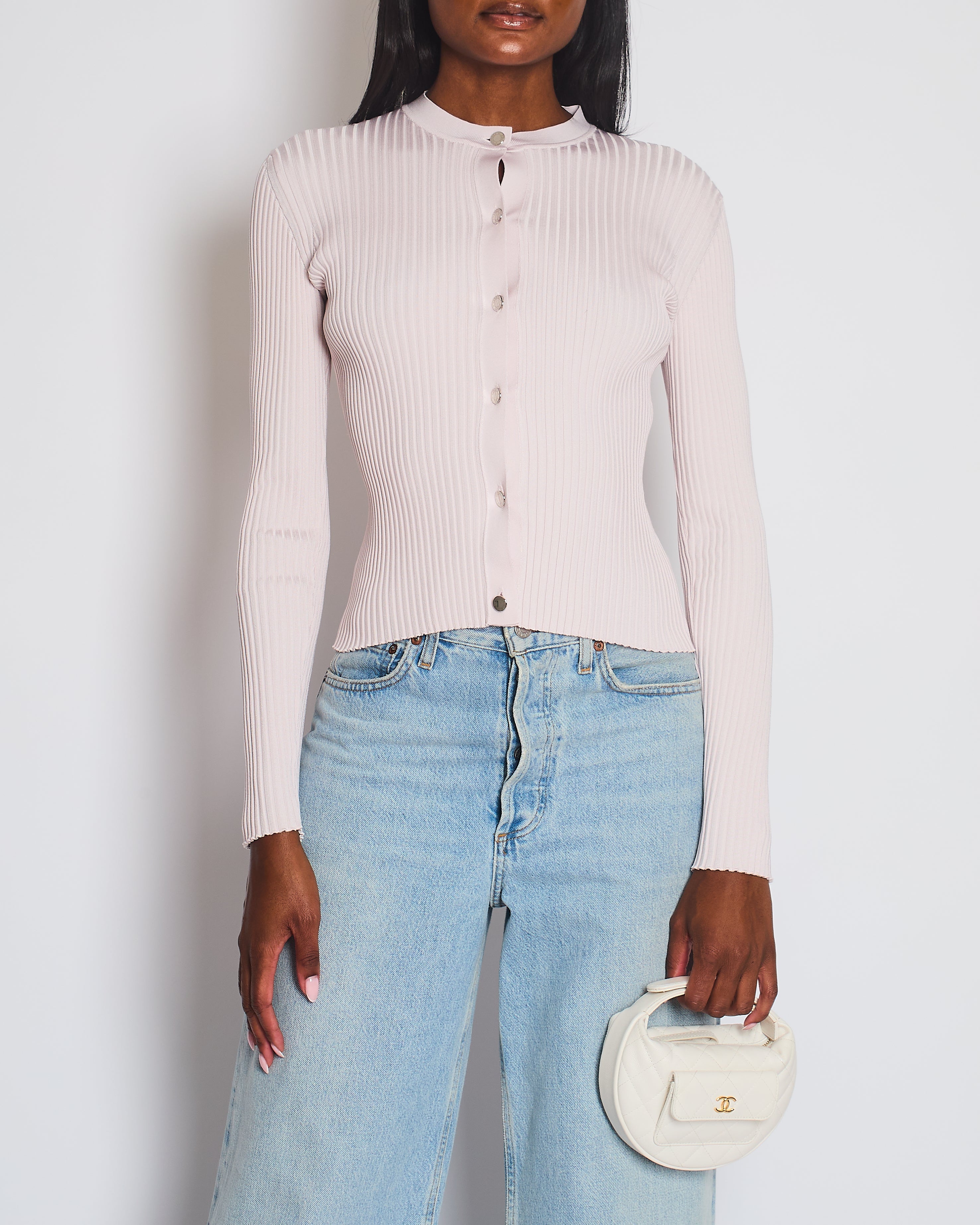 Hermès Light Pink Rib Knit Long Sleeve Crewneck Cardigan with Silver Buttons & Crotchet Back Detail Size FR 36 (UK 8)