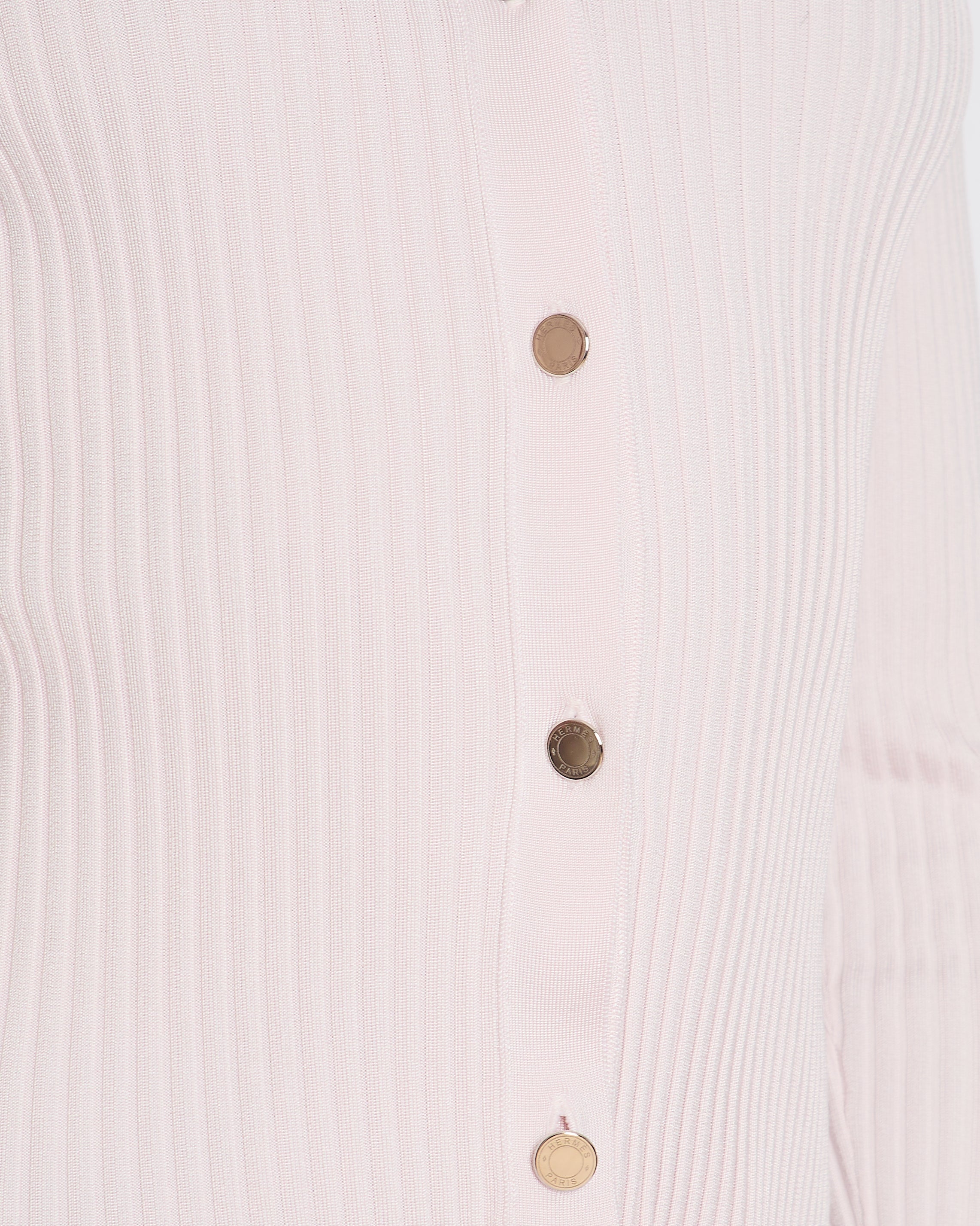 Hermès Light Pink Rib Knit Long Sleeve Crewneck Cardigan with Silver Buttons & Crotchet Back Detail Size FR 36 (UK 8)