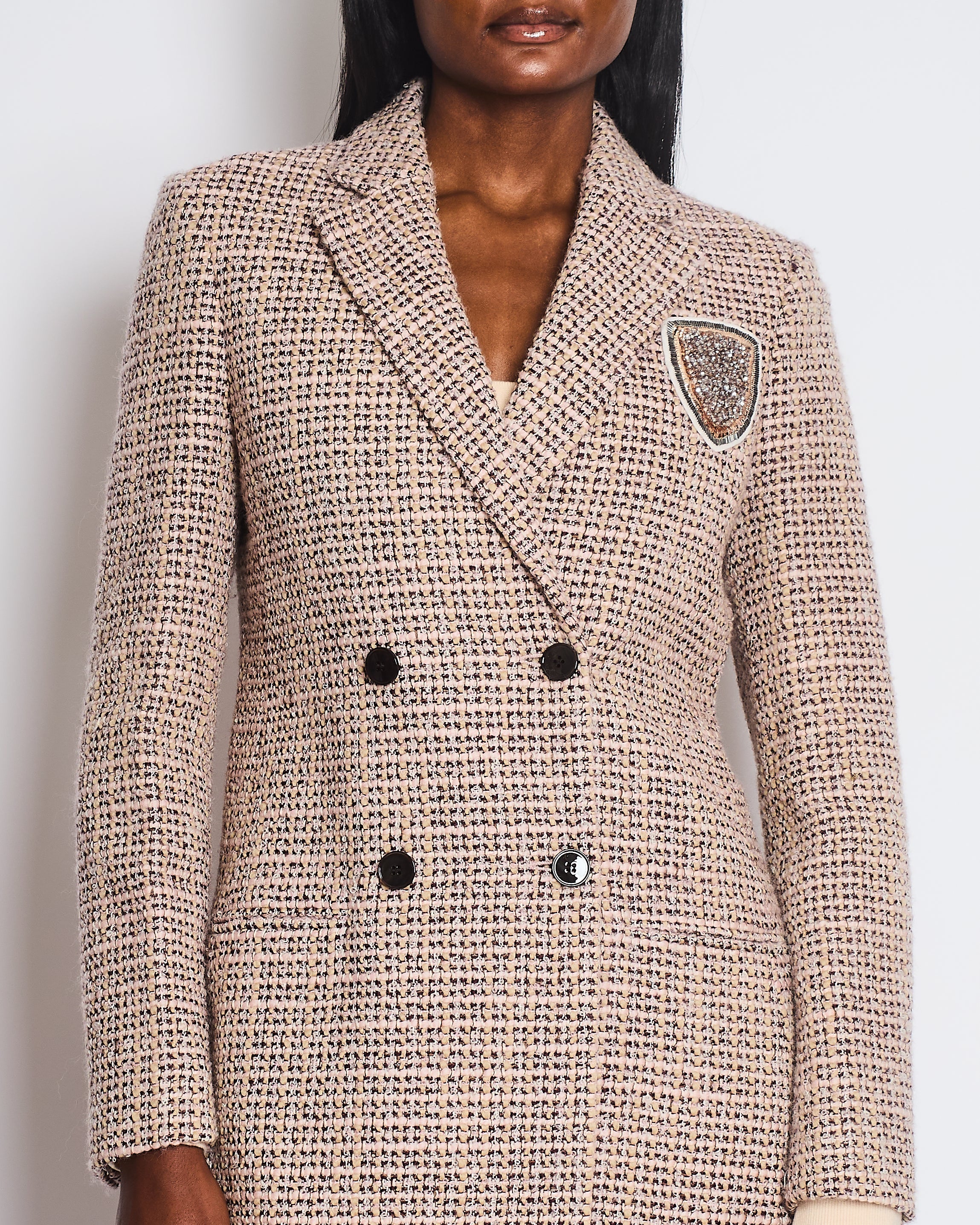 Christian Dior Pink, Burgundy Wool Tweed Coat with Embellished Patch Work Logo Size FR 40 (UK 12)