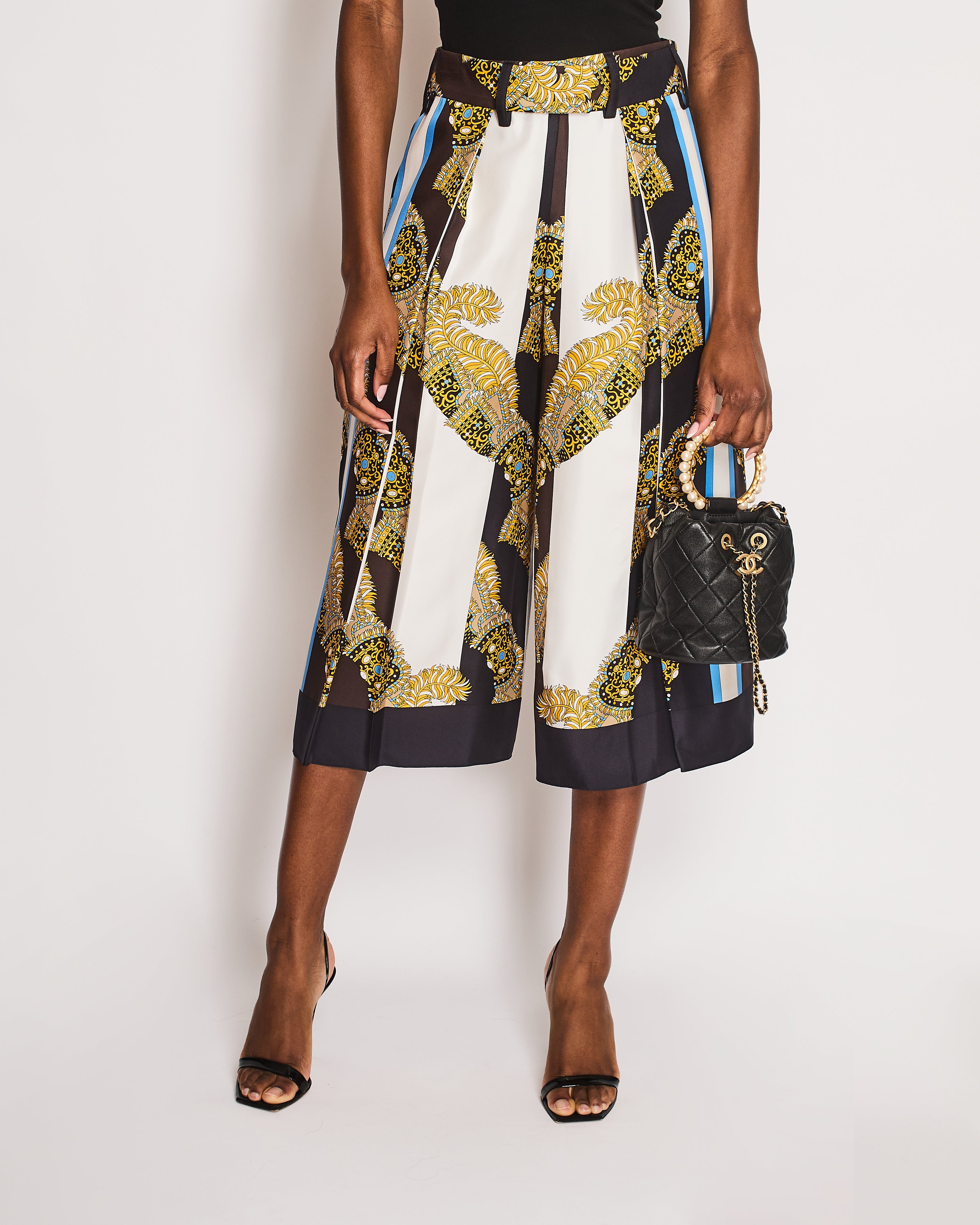 Hermes Brown, Blue, White, and Yellow Baroque Print Striped Belted Wide Leg Culottes Size FR 36 (UK 8)