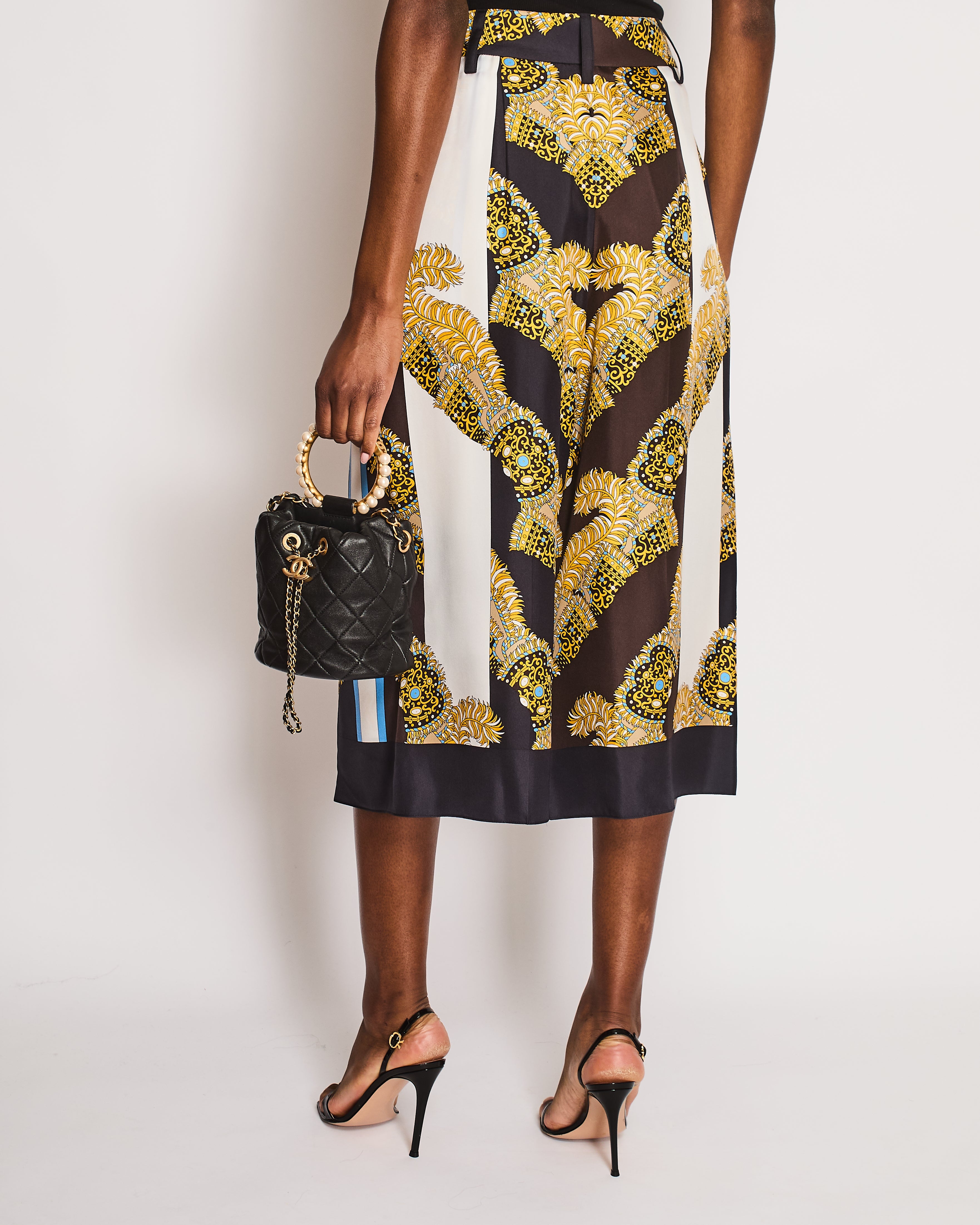 Hermes Brown, Blue, White, and Yellow Baroque Print Striped Belted Wide Leg Culottes Size FR 36 (UK 8)