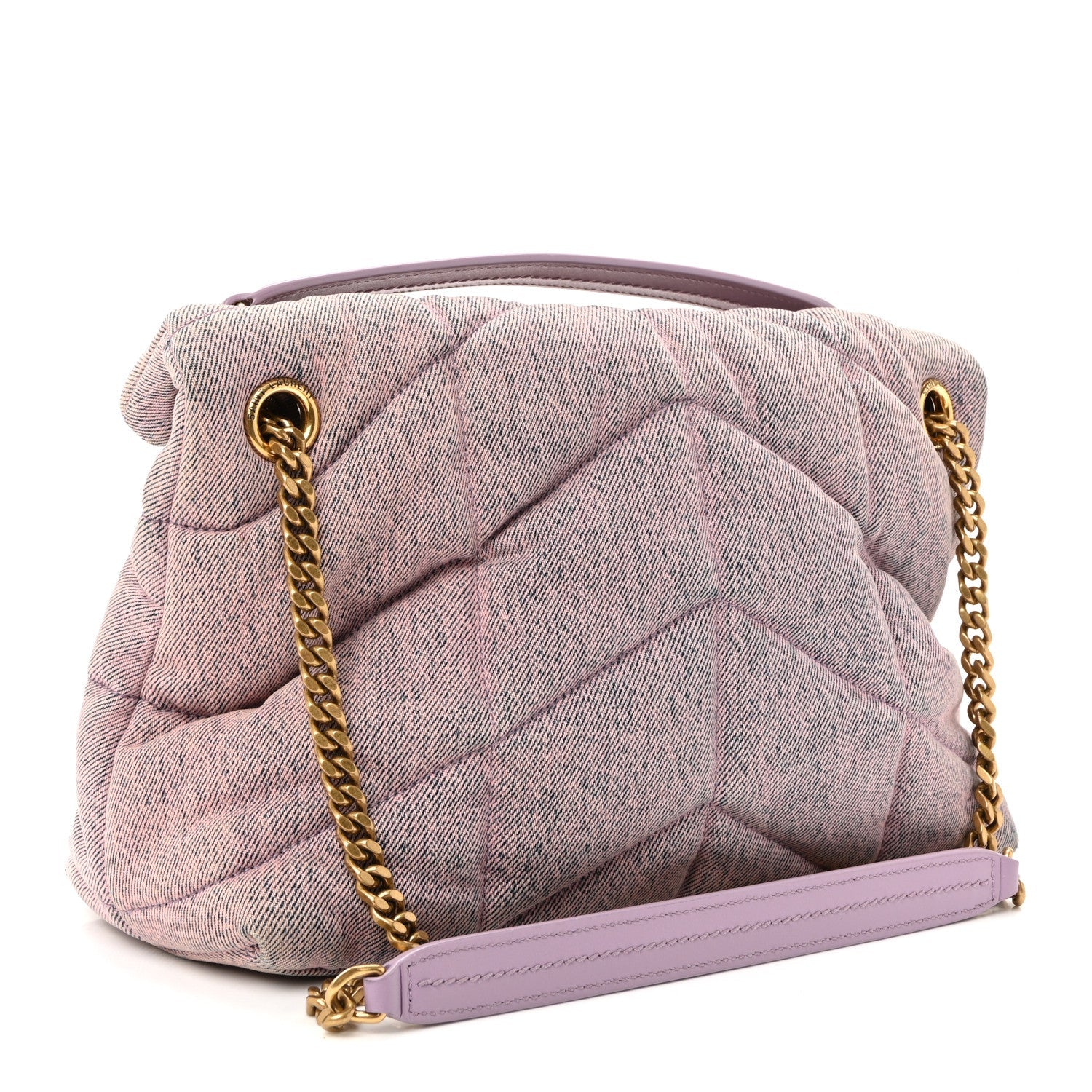 Denim Quilted Small Loulou Puffer Monogram Chain Satchel Bleached Lilac