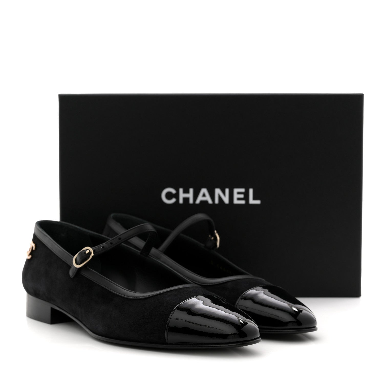 Suede Kidskin Lambskin Patent Calfskin Crystal CC Cap Toe Flats 40 Black