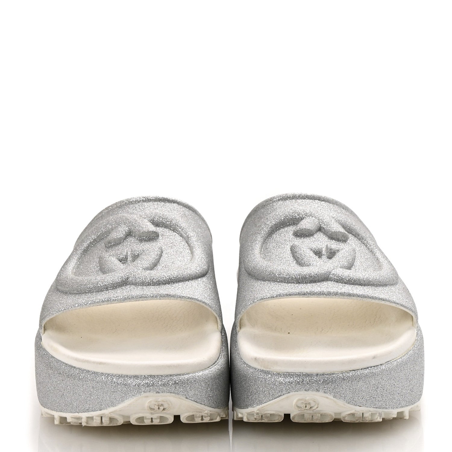 Glitter Rubber Womens Interlocking G Platform 42mm Slide Sandals 40 Silver