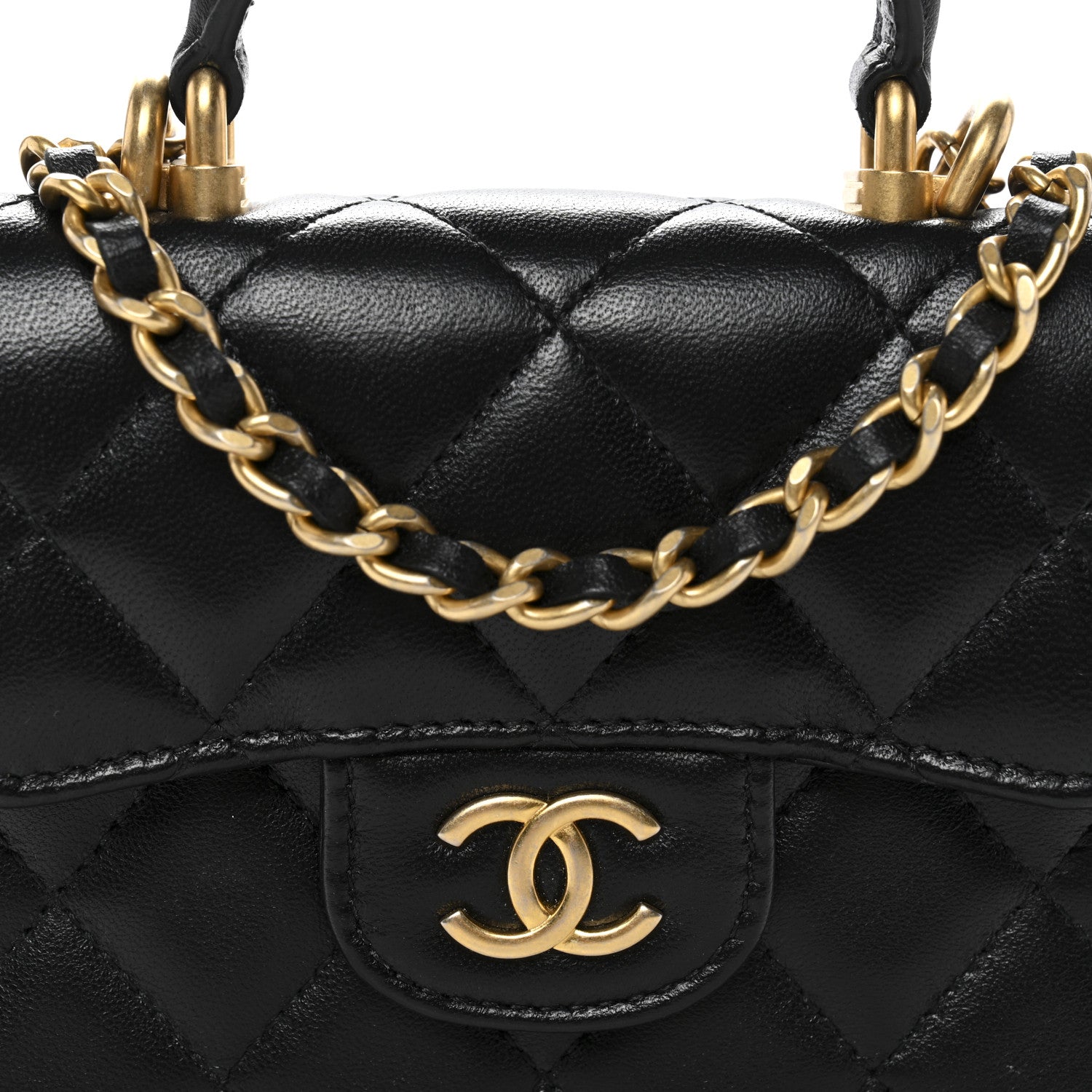 Lambskin Quilted Top Handle Flap Coin Purse With Chain Black