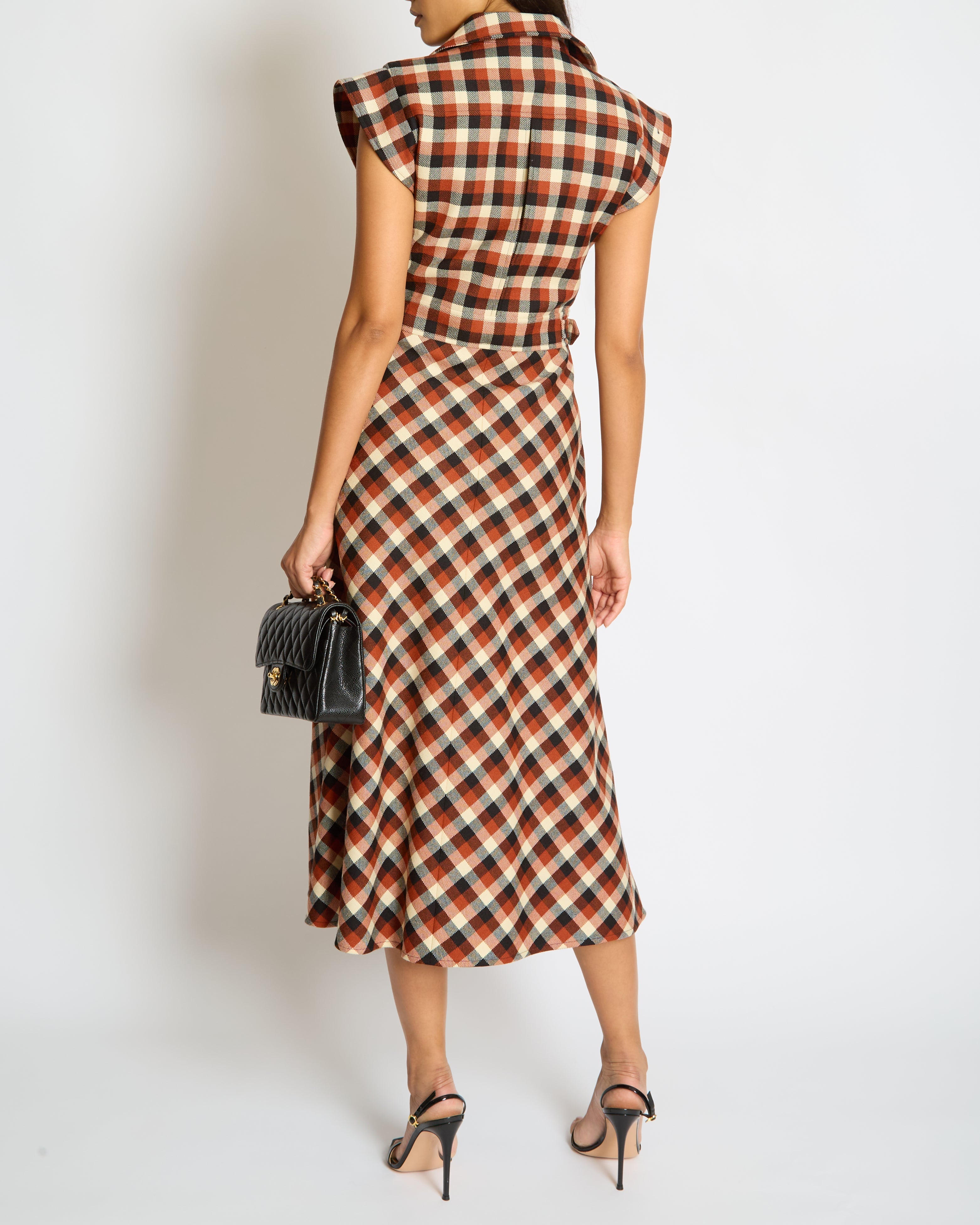 Christian Dior Orange, Black and Cream Checkered Sleeveless Maxi Dress Size FR 36 (UK 8)