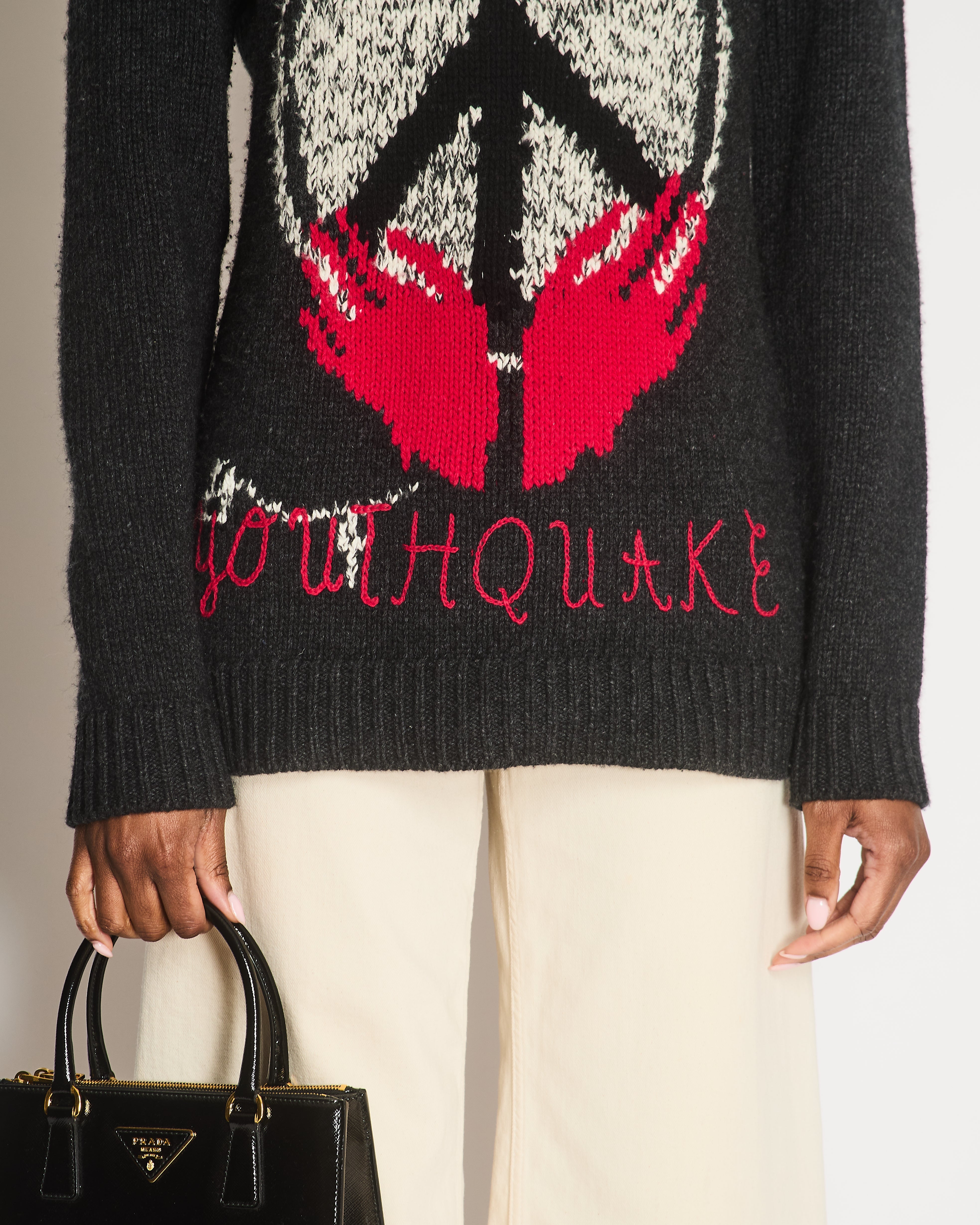 Christian Dior Grey Wool Knitted Youthquake Jumper with White and Red Peace and Rose Print Size FR 36 (UK 8)