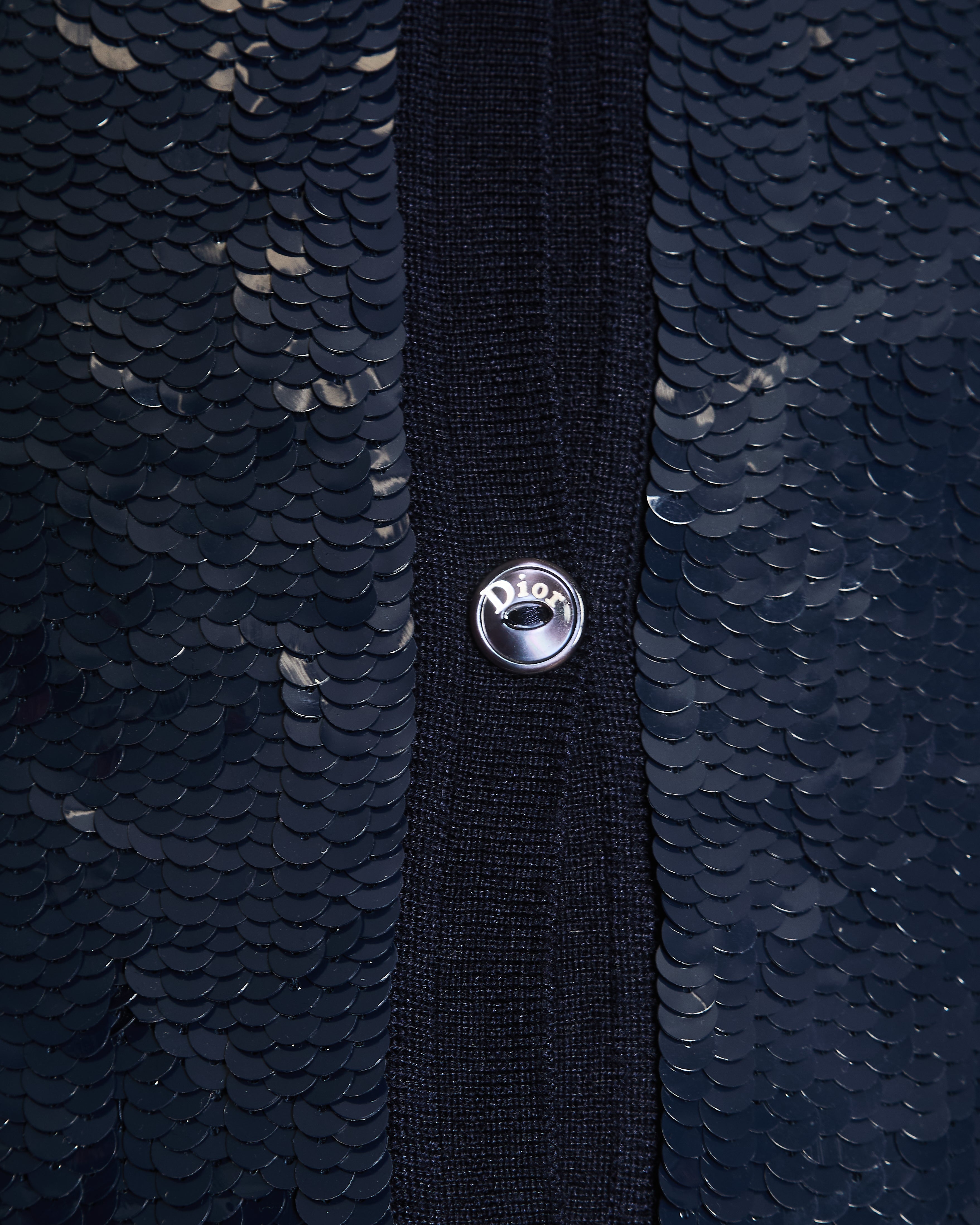 Christian Dior Navy Wool and Sequin Embellished Gilet with Black Logo Buttons Size FR 34 (UK 6)