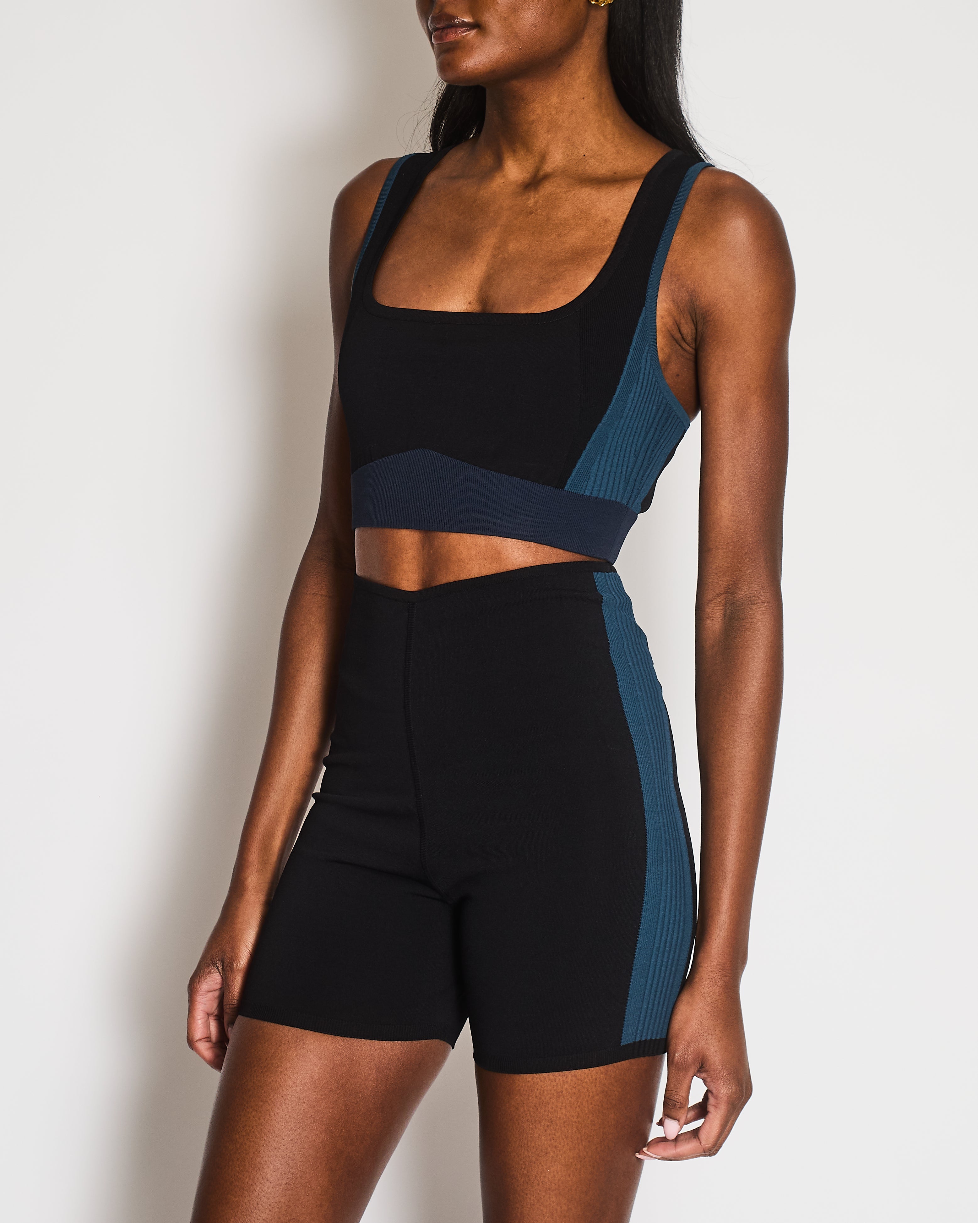 Hermès Black Top and Shorts Sports Set with Blue Ribbed Bands Detail Size S (UK 8) RRP £865