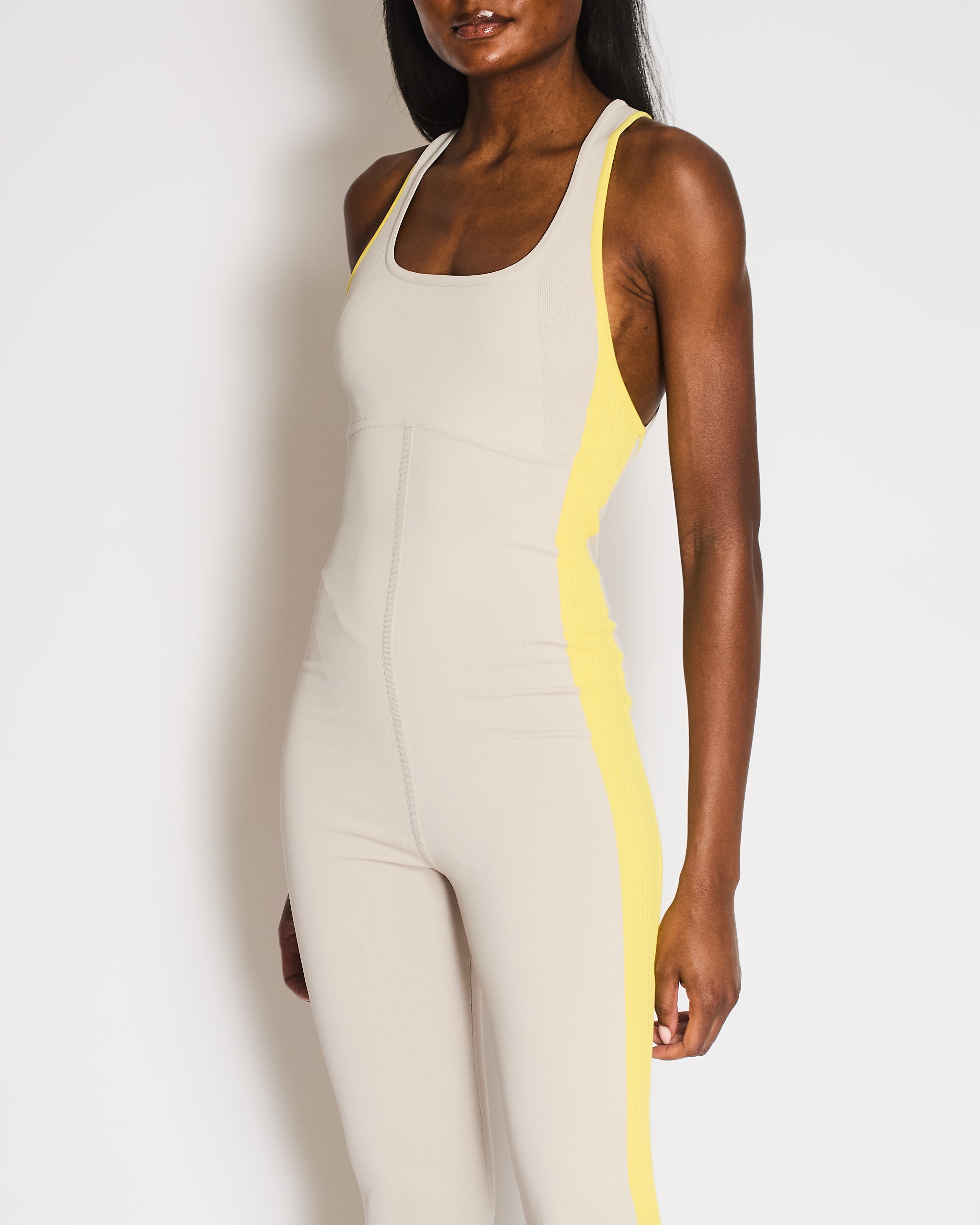 Hermès Light Grey Yoga Jumpsuit with Yellow Ribbed Bands and Crossover Back Detail Size S (UK 8) RRP £1,190