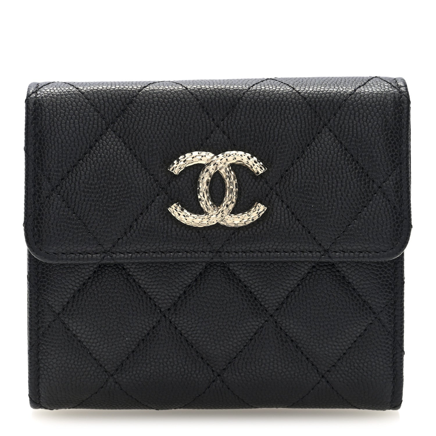 Caviar Quilted Chain Embossed Compact Flap Wallet Black
