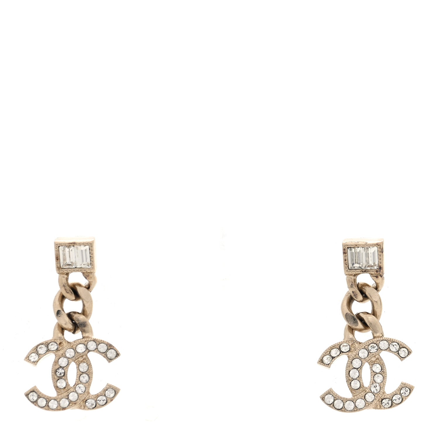 Metal Crystal Baguette CC Chain Drop Earrings Gold