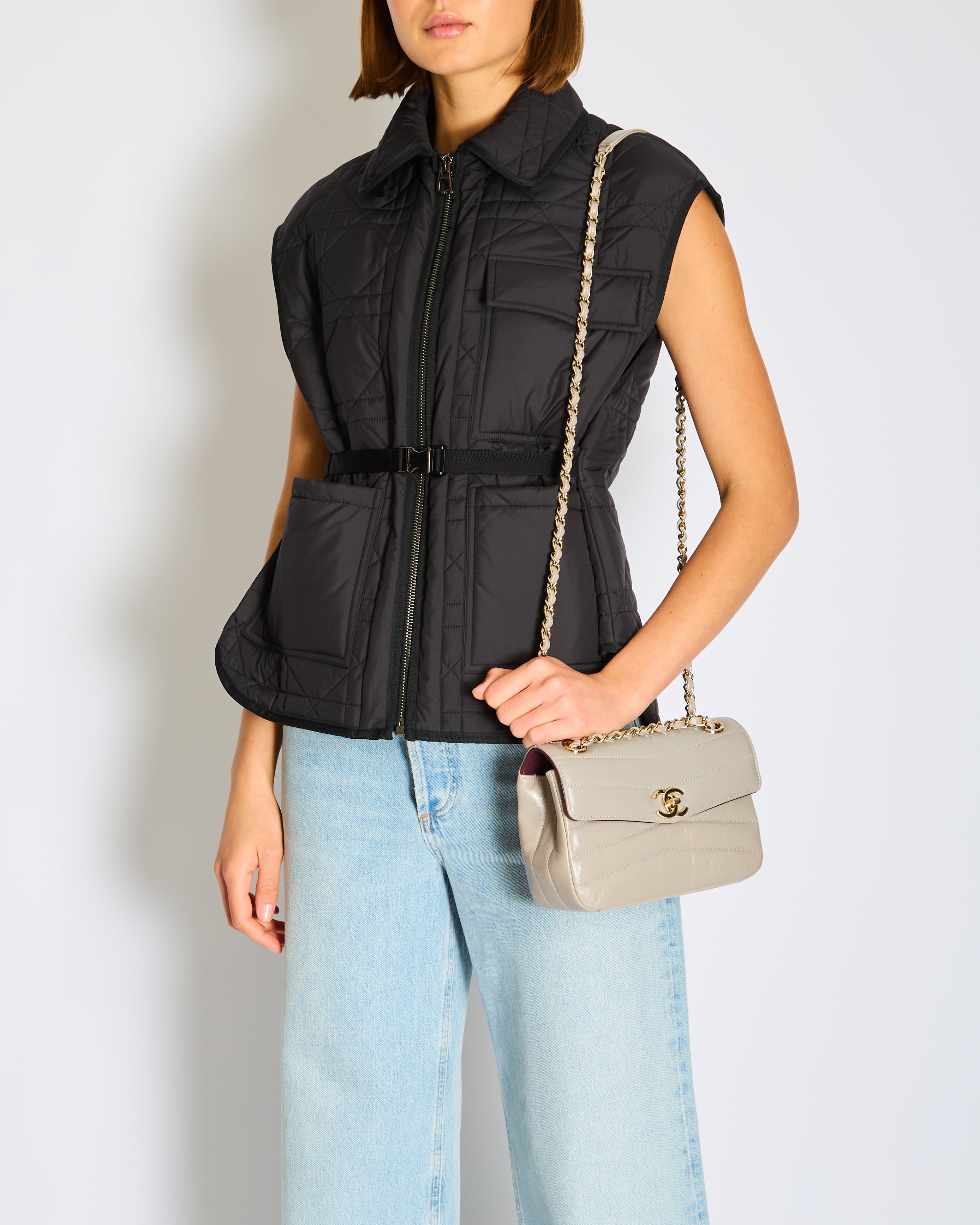 Christian Dior Black Macrocannage Quilted Sleeveless Puffer Jacket with Silver Belt and Embroidered Logo Detail Size S (UK 8)