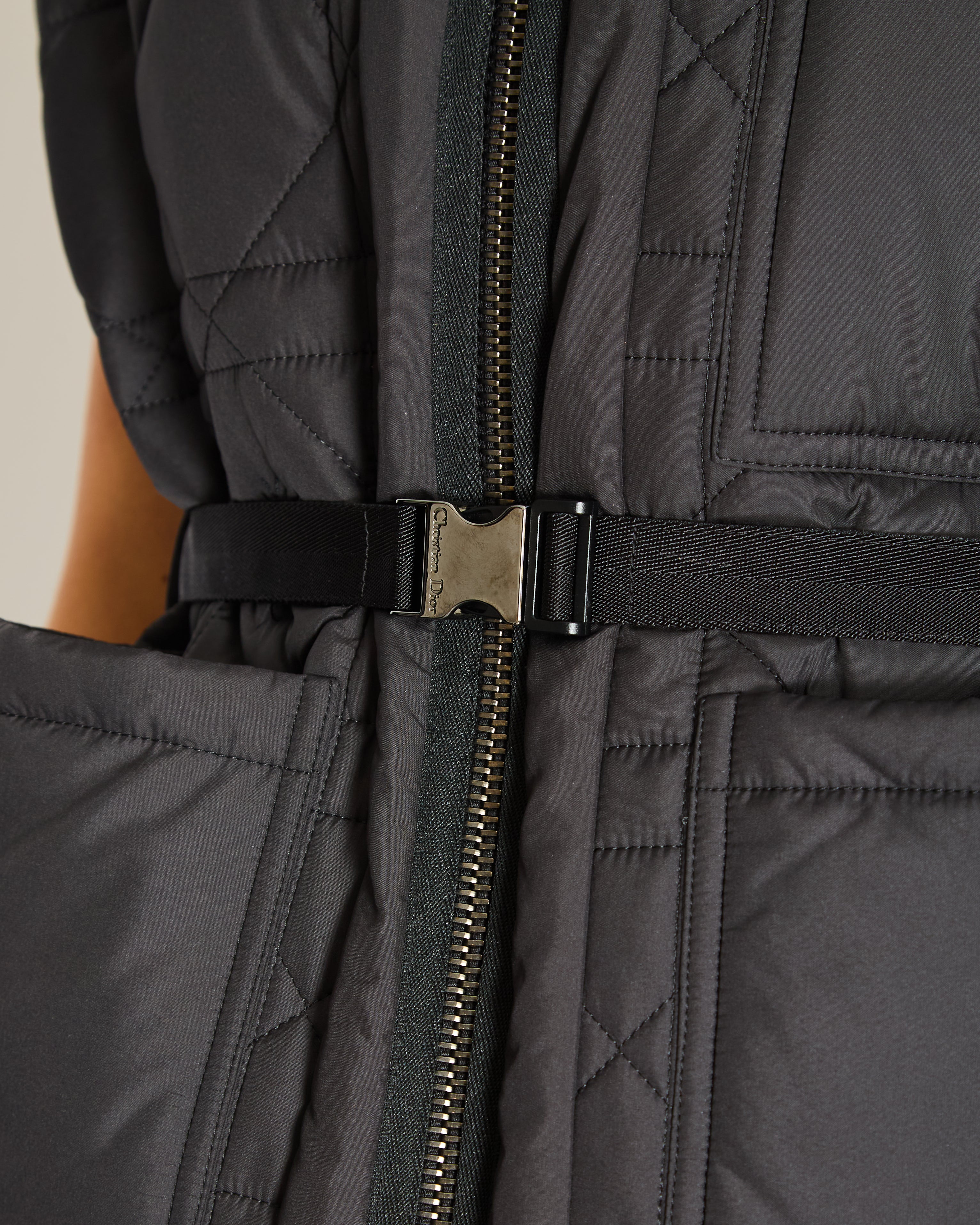 Christian Dior Black Macrocannage Quilted Sleeveless Puffer Jacket with Silver Belt and Embroidered Logo Detail Size S (UK 8)