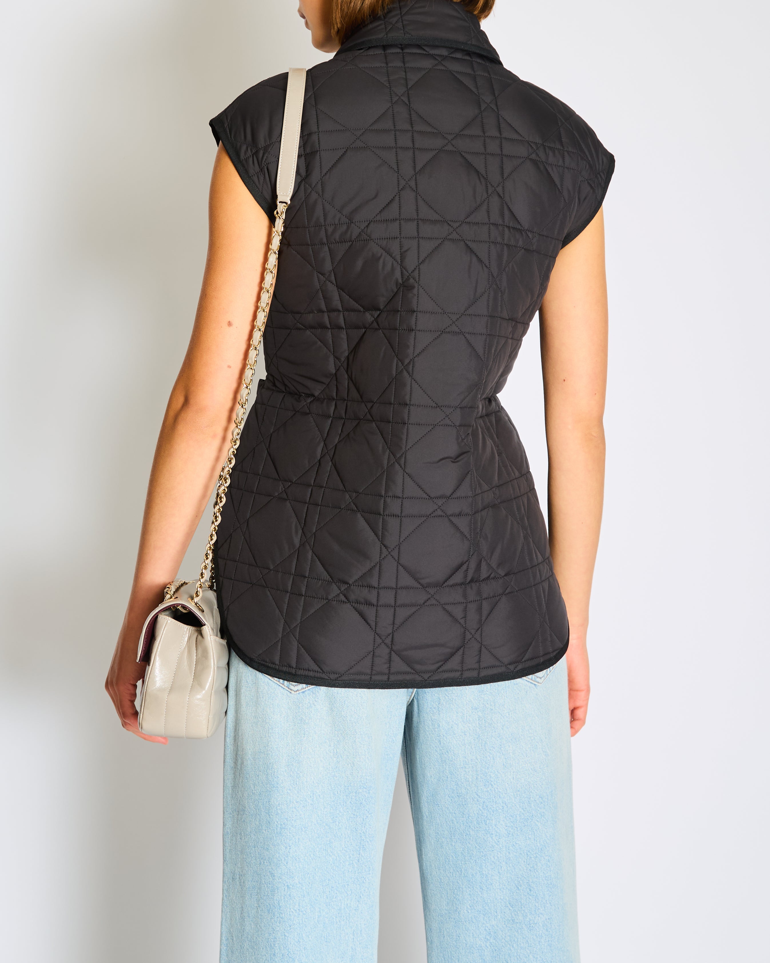 Christian Dior Black Macrocannage Quilted Sleeveless Puffer Jacket with Silver Belt and Embroidered Logo Detail Size S (UK 8)