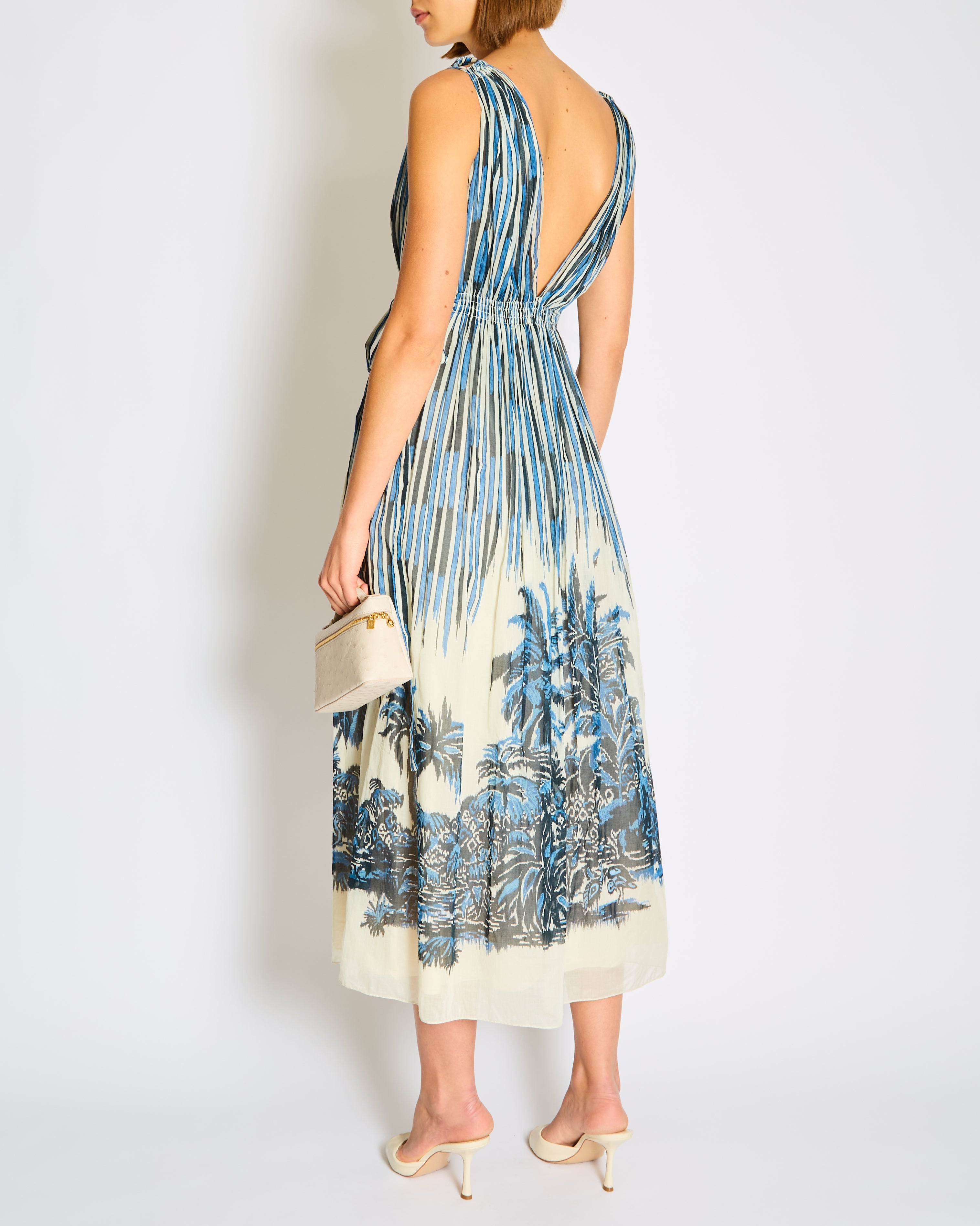 Christian Dior Blue, White Printed Palms Sleeveless Maxi Dress Size FR 34 (UK 6)