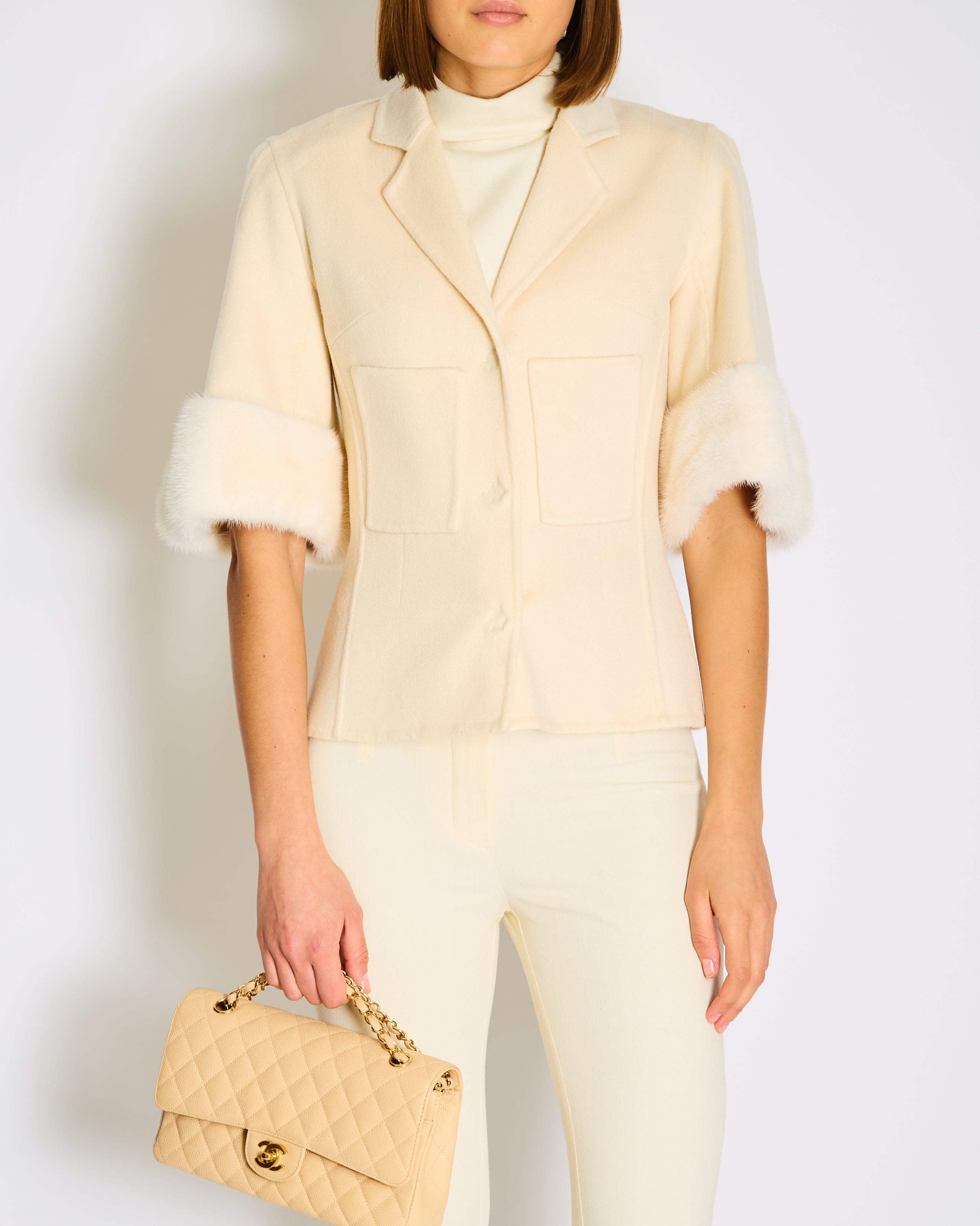Christian Dior White Cashmere Jacket with Mink Sleeve Detail Size FR 36 (UK 8)